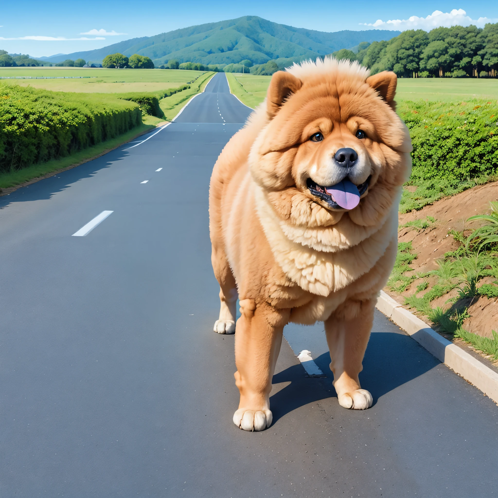 dog, chowchow, blue tongue, full body, blue sky, road