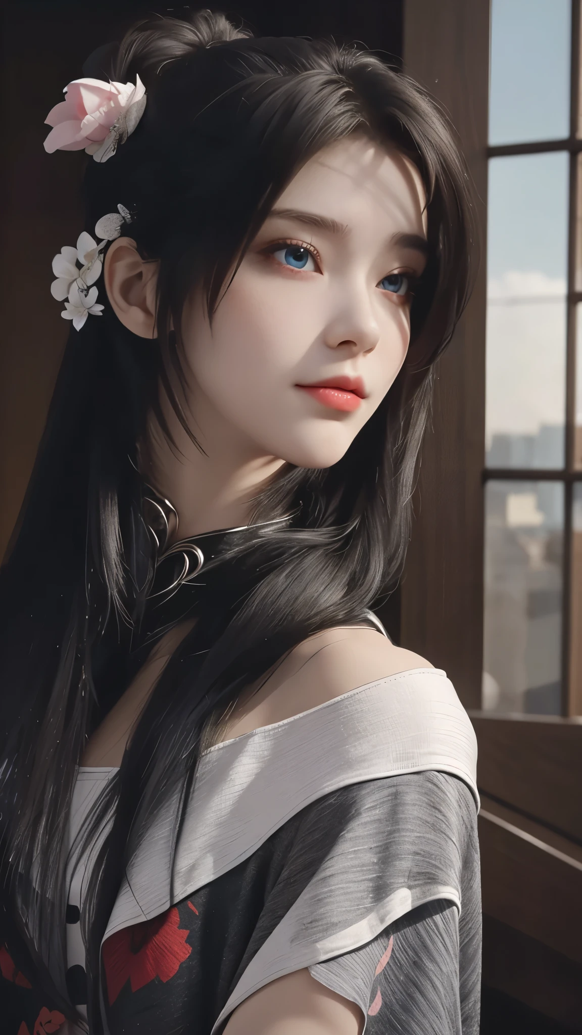 (best quality), (masterpiece), (high resolution), (intricate details:0.2),(professional lighting), Room, Detailed background, Oversized black T-shirt, Off the shoulders, (Previous view), 1 girl, alone, (pretty face:1.40), slim, delicate skin, Smile, Long brown ponytail, sky blue eyes, (Medium Beast:1.10), see in viewer,