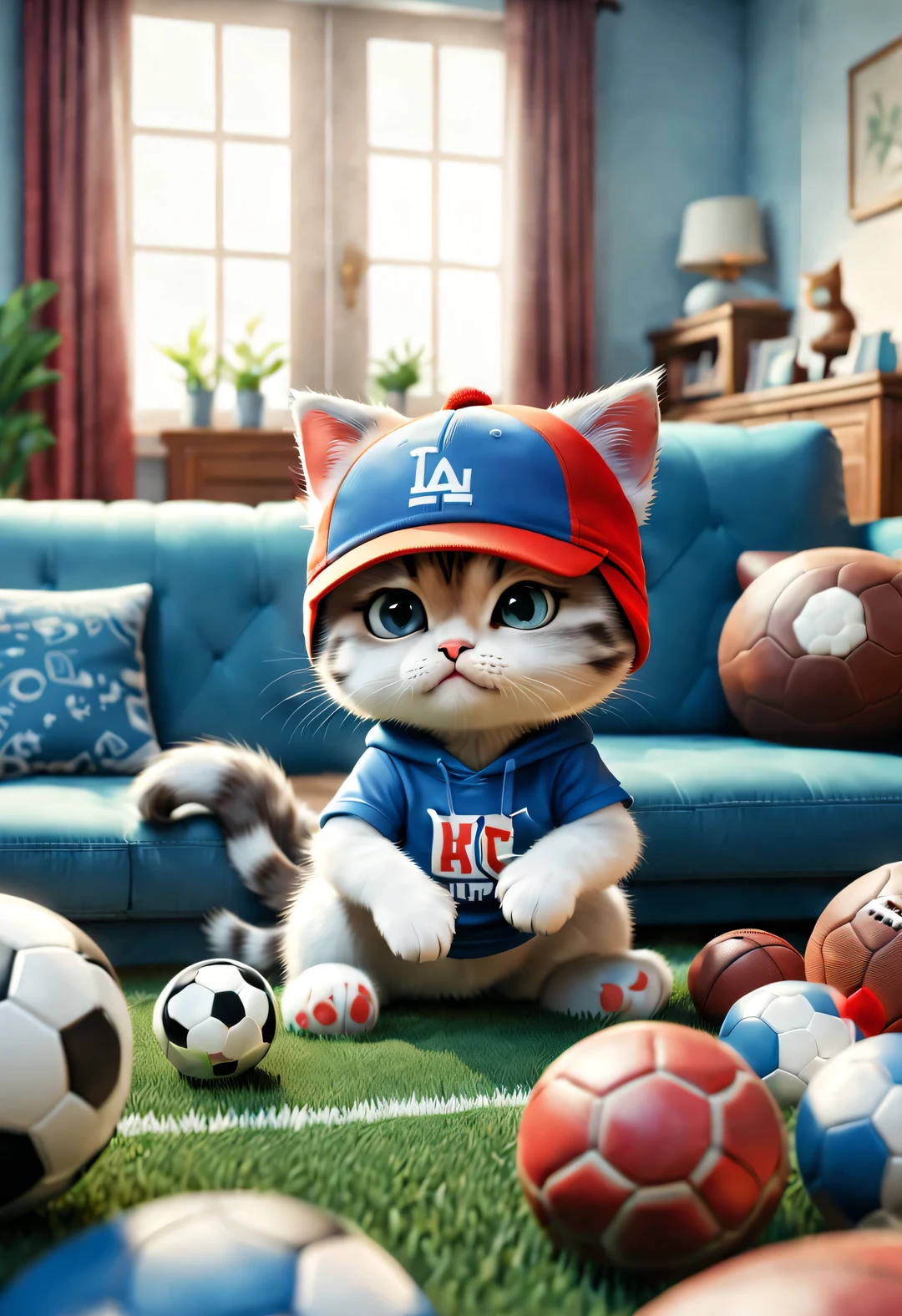 With folk art style,
 （A cute kitten lying on the big sofa，watching tv angrily），Kitten sports have，Wearing hip-hop style sportswear，detailed details，beautiful details，living room，Football match 3D rendering， cartoon，illustration，Pixar，cartoon，ultra high definition， high quality，32k，