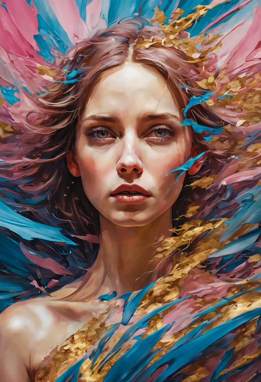 a colorful Palette Knife Oil Painting ,animated girl with pink and blue grass,in the style of over,high contrast,tropical baroque,bio-art,light violet,cornelia parker,uhd image,botanical impressions,, best quality, masterpiece, highres, absurdres, incredibly absurdres, huge filesize, wallpaper, colorful,8K,RAW photo, Beautiful detailed girl, (oil painting:1.5), (NSFW:1.2), 1girl laying, feature, pureerosface_v1, Ambilight, slender waist, (splash, brushwork:1.5),double exposure, fussion of fluid abstract art,(original illustration composition),( fusion of limited color, maximalism artstyle, geometric artstyle) Incorporate vibrant colors, dynamic brushstrokes, and intriguing textures to capture the essence of the subject's inner world, capturing a surrealist vision, Perfect centralization, Um caozinho bonito ruivo por toda parte, Usa uma jaqueta, Standing position, beleza abstrata, Centrado, looking at the camera, Facing the camera, nearing perfection, Dynamic, luar, altamente detalhado, pintura digital, art stations, Conceito-Arte, liso, sharp focus, 8k, high-definition resolution, illustration, arte de Carne Griffiths e Wadim Kashin, fundo futurista. ,holy light,gold foil,gold leaf art,glitter drawing, PerfectNwsjMajicMai