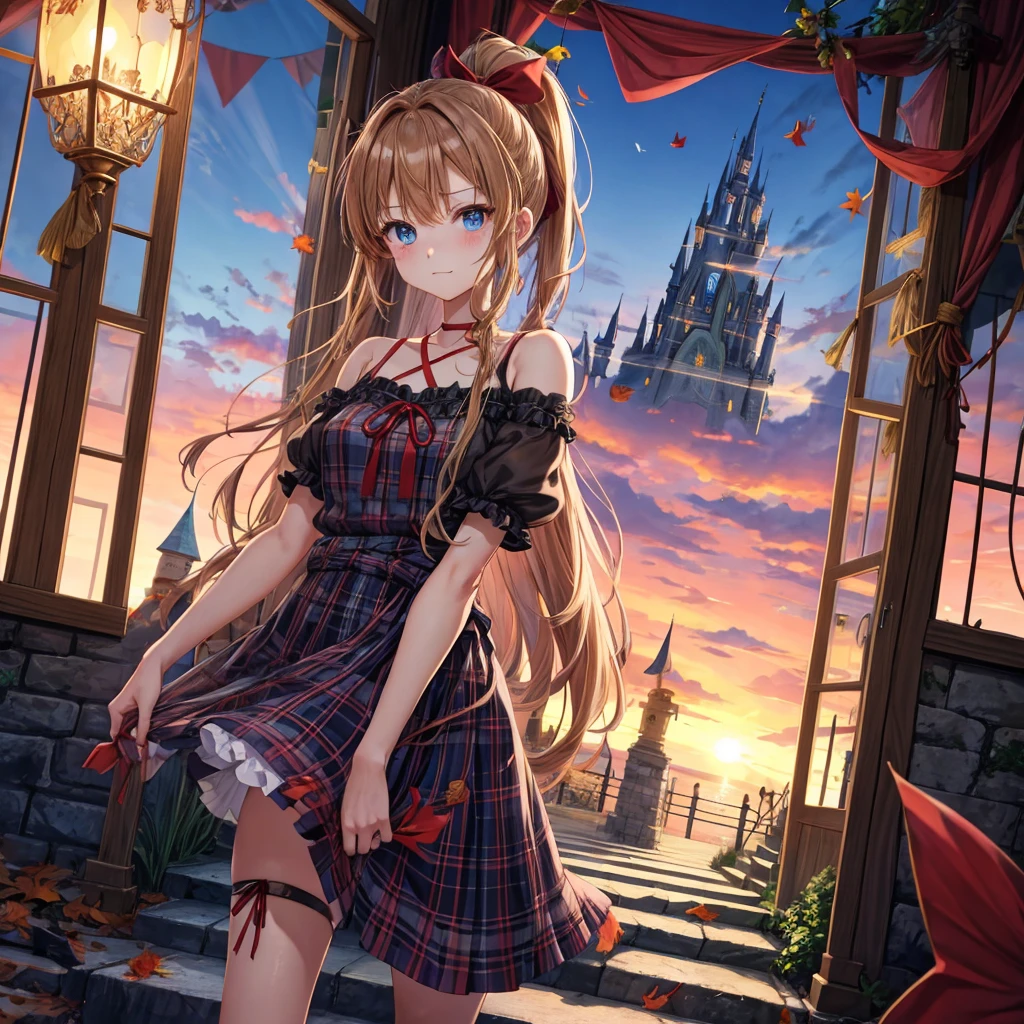 reddish-brown blonde、blue hair、blue eyes、ponytail、one good looking girl、solo、anime、Plaid miniskirt、camisole、black t-shirt、Tilting your face、Doing the ribbon、Ribbon at waist、sunset sky、broken stone steps、Remains、tunnel、Fallen leaves、Light and shadow、monster castle、corridor、One leg is raised、pinwheel、castle floating in the air、column、Jewelry box、flag、sparks fall、forest、Hand mirror、bondage、tall grass grows