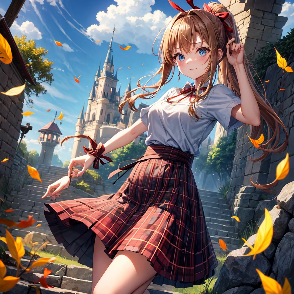 reddish-brown blonde、blue hair、blue eyes、ponytail、one good looking girl、solo、anime、Plaid miniskirt、camisole、black t-shirt、Tilting your face、Doing the ribbon、Ribbon at waist、sunset sky、broken stone steps、Remains、tunnel、Fallen leaves、Light and shadow、monster castle、corridor、One leg is raised、pinwheel、castle floating in the air、column、Jewelry box、flag、sparks fall、forest、Hand mirror、bondage、tall grass grows