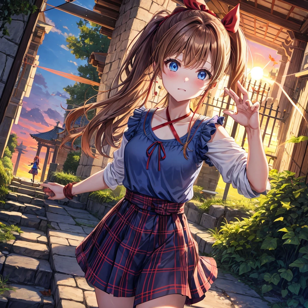 reddish-brown blonde、blue hair、blue eyes、ponytail、one good looking girl、solo、anime、Plaid miniskirt、camisole、black t-shirt、Tilting your face、Doing the ribbon、Ribbon at waist、sunset sky、broken stone steps、Remains、tunnel、Fallen leaves、Light and shadow、monster castle、corridor、One leg is raised、pinwheel、castle floating in the air、column、Jewelry box、flag、sparks fall、forest、Hand mirror、bondage、tall grass grows