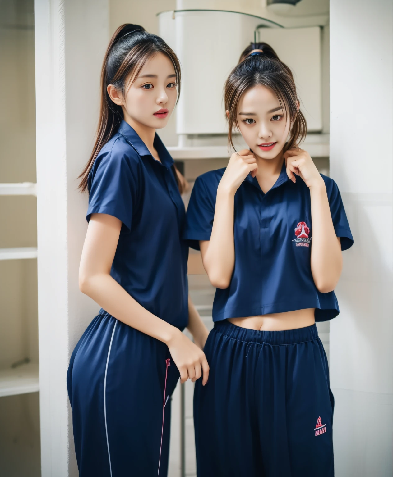 Two girls in the kitchen, Navy blue short-sleeved shirt,Navy Long Trackpant,Sweatpants, Sweatpantsขายาว,25 year old girl, lesbian, sexy, exercise clothes, wet body, exercise clothes