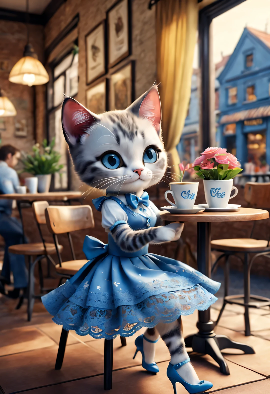 With folk art style,
(A cute skinny kitten sitting in a cafe drinking coffee),cat crossing legs,kitten wearing bow,Wearing a blue lace skirt and high heels,detailed details,beautiful details,urban cafe,flowers,Magazine,
,
3d rendering, cartoon,illustration,Pixar,cartoon,ultra high definition, high quality,32k,