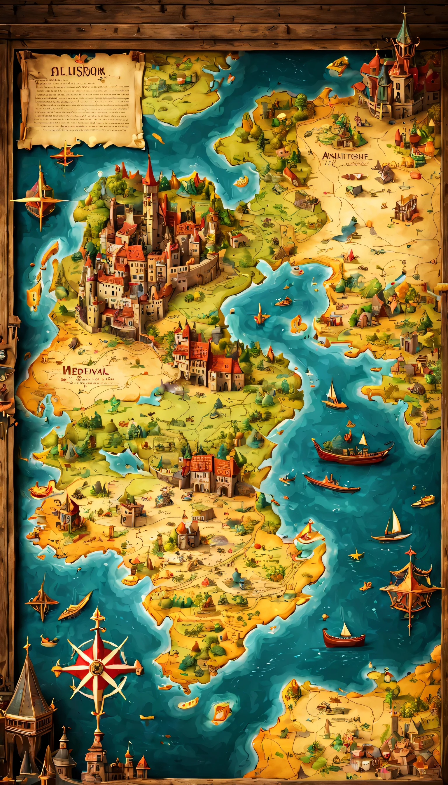 open map on desk,((medieval world map:Old papers:vintage:antique:be familiar with)),map,Buildings and creatures pop out in 3D from a flat map:be familiar with:colorful,fun,lively,masterpiece,reveal the world,Fusion of map and diorama,be familiar with,Be polite,dreams and adventure,fantasy,wonderful,beautiful light and shadow,reality,dim,nice,Bright colors