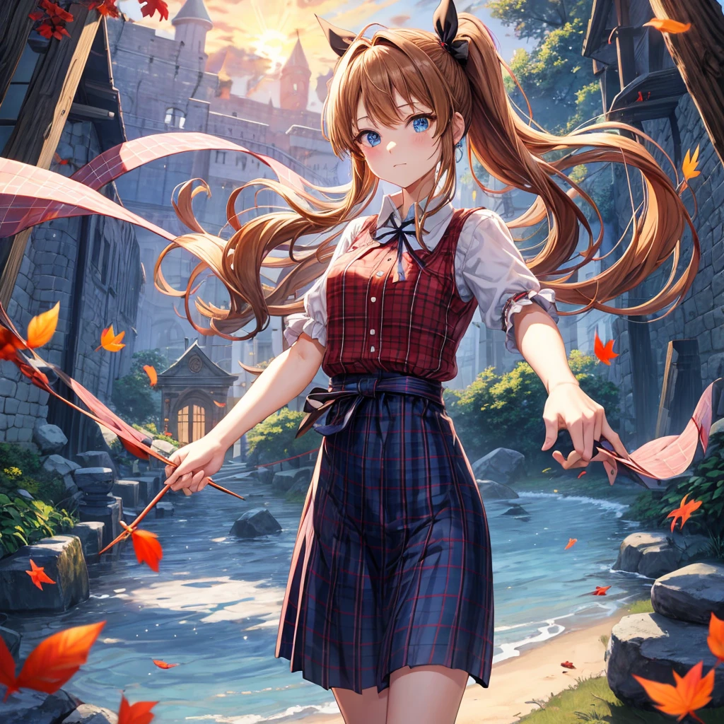 reddish-brown blonde、blue hair、blue eyes、ponytail、one good looking girl、solo、anime、Plaid miniskirt、camisole、black t-shirt、Tilting your face、Doing the ribbon、Ribbon at waist、sunset sky、broken stone steps、Remains、tunnel、Fallen leaves、Light and shadow、monster castle、corridor、One leg is raised、pinwheel、castle floating in the air、column、Jewelry box、flag、sparks fall、forest、Hand mirror、bondage、tall grass grows、cloak、devil stone statue