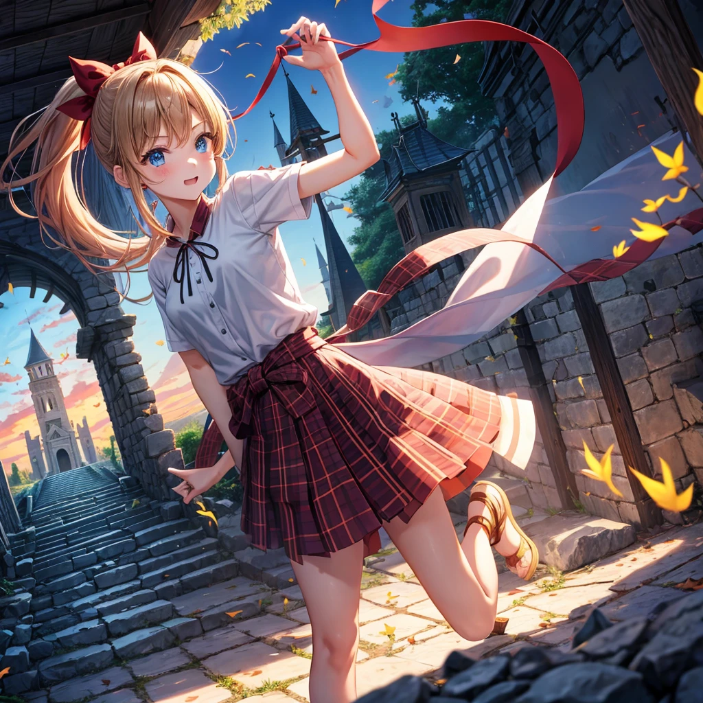 reddish-brown blonde、blue hair、blue eyes、ponytail、one good looking girl、solo、anime、Plaid miniskirt、camisole、black t-shirt、Tilting your face、Doing the ribbon、Ribbon at waist、sunset sky、broken stone steps、Remains、tunnel、Fallen leaves、Light and shadow、monster castle、corridor、One leg is raised、pinwheel、castle floating in the air、column、Jewelry box、flag、sparks fall、forest、Hand mirror、bondage、tall grass grows、cloak、devil stone statue