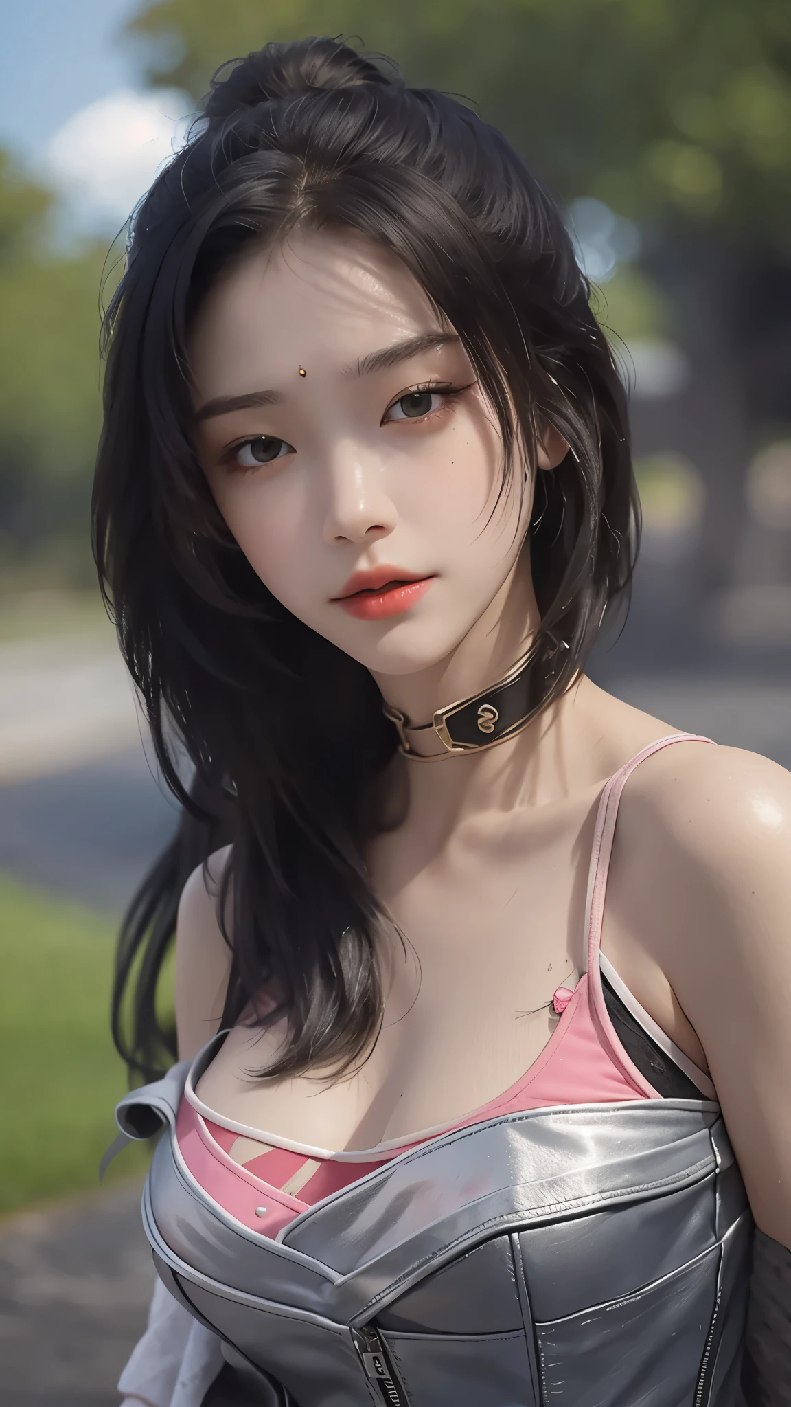 Waikiki Beach, Hawaii, sleevelessdress, ((best quality, 8k, masterpiece: 1.3))), clear focus: 1.2, (layered cutting, big deal: 1.2), Beauty in a perfect body: 1.4, slim abs: 1.2, wet: 1.5, Highly detailed facial and skin textures, eyes closed, double eyelids, messy hairstyle, Plain makeup,