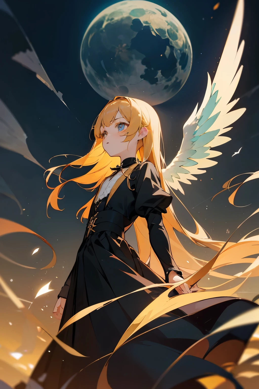 ((最高品質)), ((傑作)), (詳しい)masterpiece, top quality, very detailed, anime, golden hair, long hair, aquamarine eyes, Devil's wings on his right and angel's wings on his left on his back., ,Gothic Lolita Sister Style Dresses,flat chest ,fleeting girl,背景に月と夜空