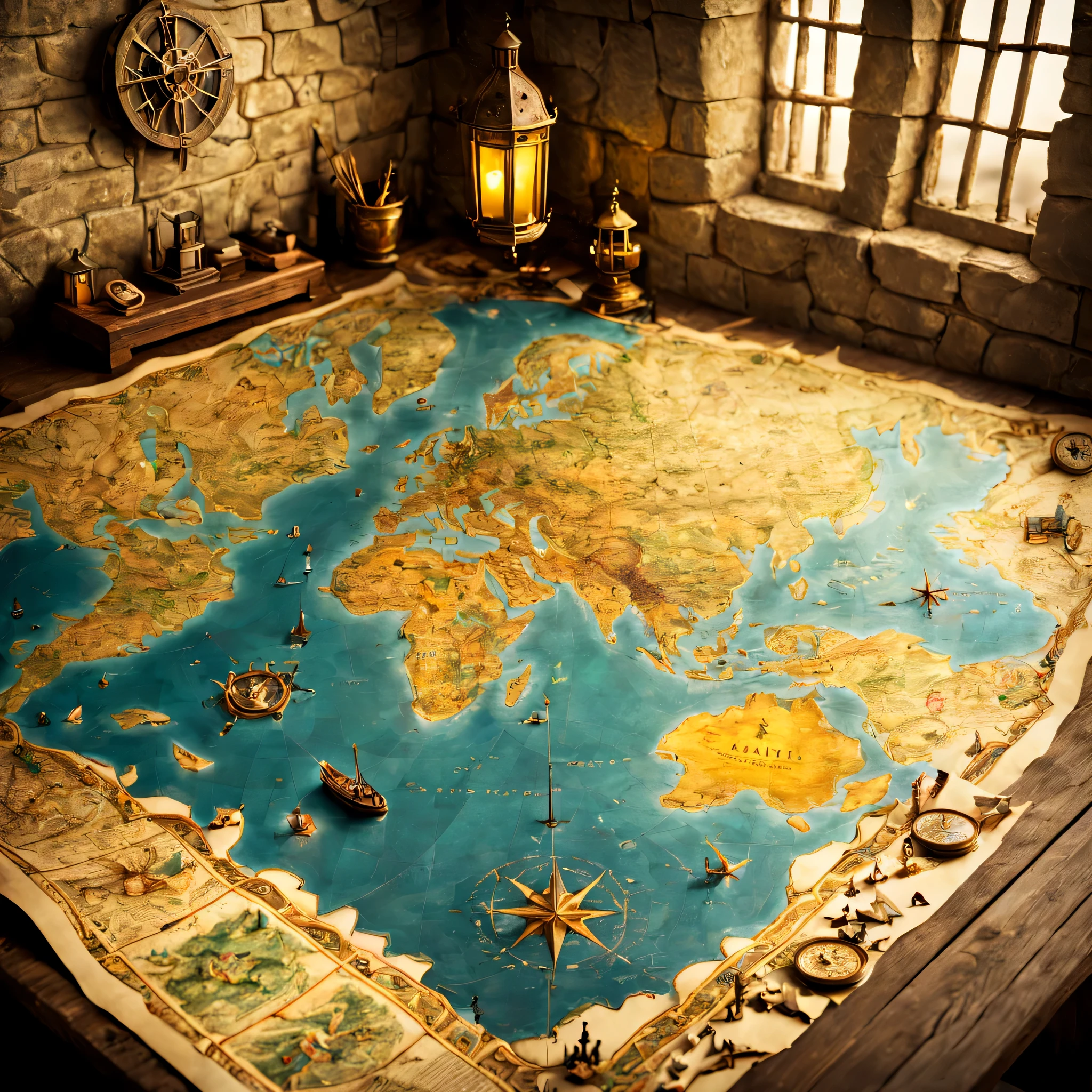 open map on desk,((medieval world map:Old papers:vintage:antique:be familiar with)),map,Buildings and creatures pop out in 3D from a flat map:be familiar with:colorful,fun,lively,masterpiece,reveal the world,Fusion of map and diorama,be familiar with,Be polite,dreams and adventure,fantasy,wonderful,beautiful light and shadow,reality,dim,nice