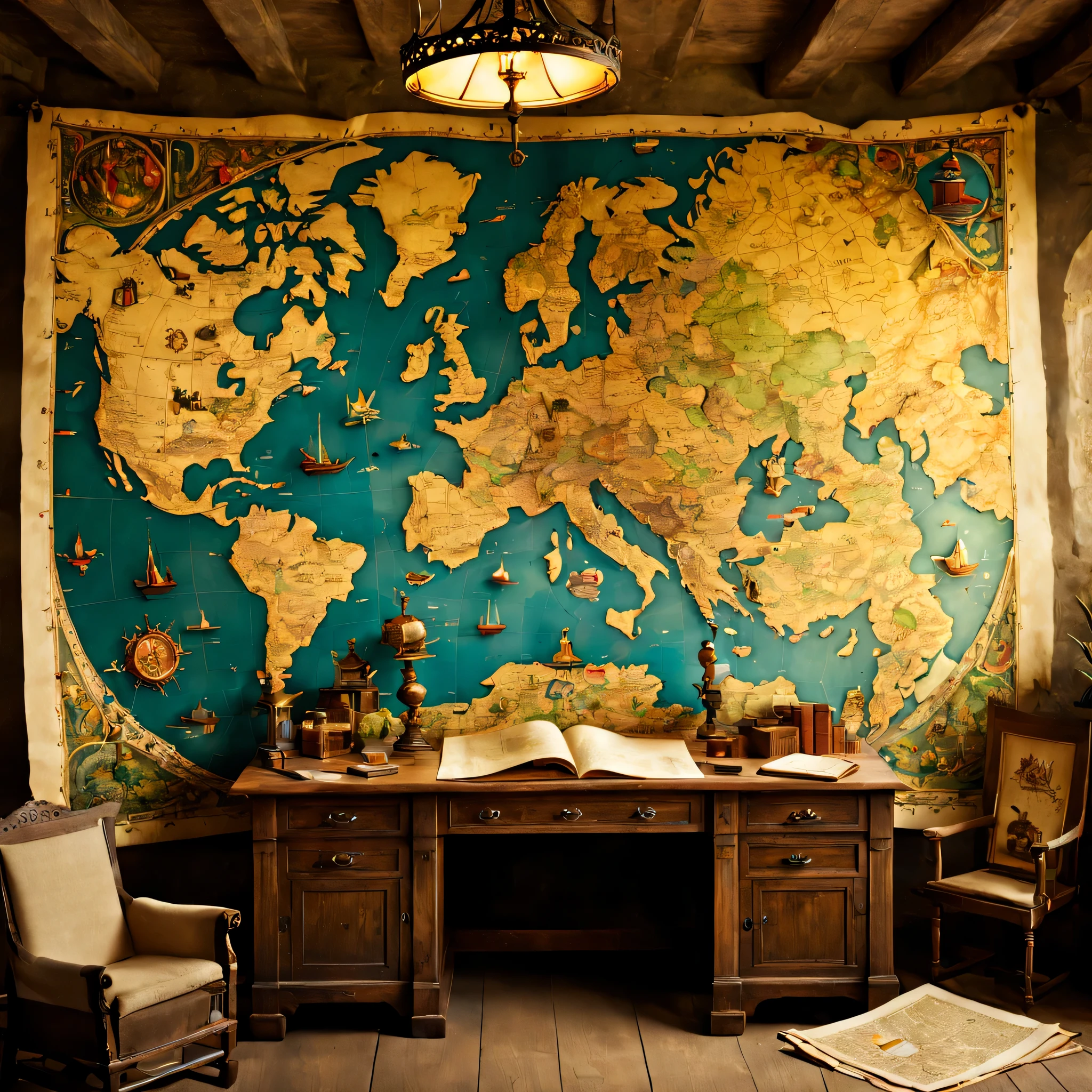 open map on desk,((medieval world map:old paper:vintage:antique:detailed)),map,Buildings and creatures pop out in 3D from a flat map:Detailed:colorful,fun,lively,masterpiece,reveal the world,Fusion of map and diorama,detailed,Be polite,dreams and adventure,fantasy,Fantastic,beautiful light and shadow,reality,dim,cool