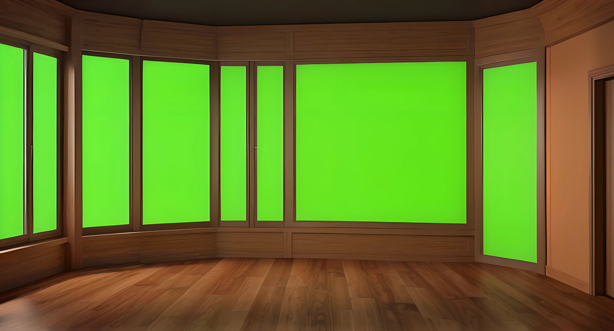 a dimly lit room with a green screen in the corner, green screen background, green screen, large green glass windows, set photo, virtual set, background(solid), many large green windows, green ambient light, chroma green background, background in a cinematic, plain studio background, studio background, rendered in rtx, sickly green colors
