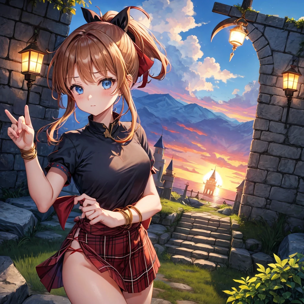 reddish-brown blonde、blue hair、blue eyes、ponytail、one good looking girl、solo、anime、Plaid miniskirt、camisole、black t-shirt、Tilting your face、Doing the ribbon、Ribbon at waist、sunset sky、broken stone steps、Remains、tunnel、Fallen leaves、Light and shadow、monster castle、corridor、One leg is raised、pinwheel、castle floating in the air、column、Jewelry box、flag、sparks fall、forest、Hand mirror、bondage、tall grass grows、cloak、devil stone statue
