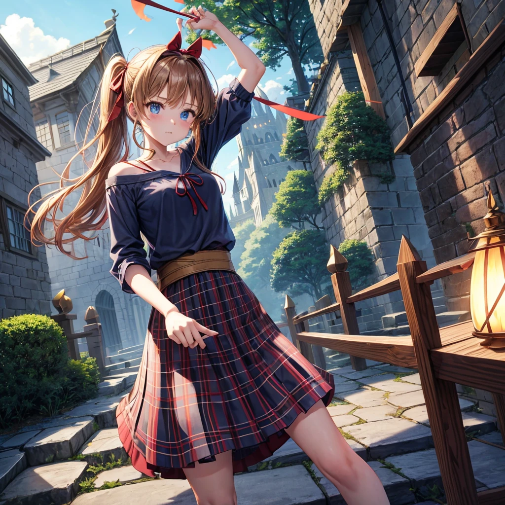 reddish-brown blonde、blue hair、blue eyes、ponytail、one good looking girl、solo、anime、Plaid miniskirt、camisole、black t-shirt、Tilting your face、Doing the ribbon、Ribbon at waist、sunset sky、broken stone steps、Remains、tunnel、Fallen leaves、Light and shadow、monster castle、corridor、One leg is raised、pinwheel、castle floating in the air、column、Jewelry box、flag、sparks fall、forest、Hand mirror、bondage、tall grass grows、cloak、devil stone statue