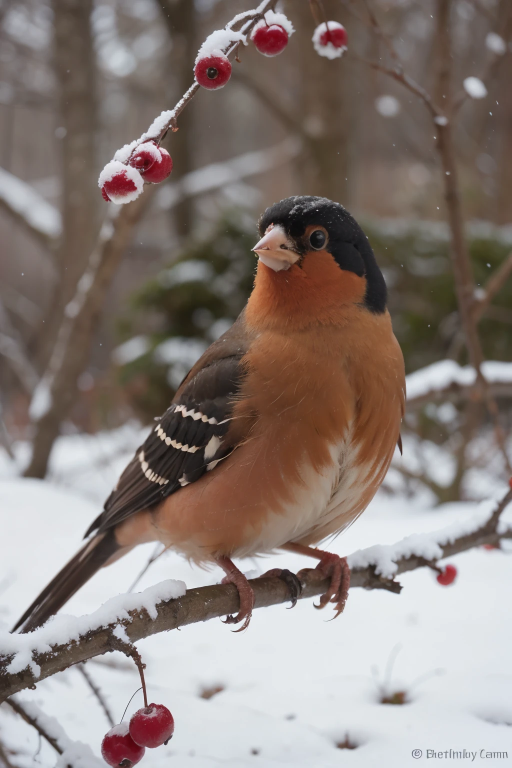 winter. Snowing.. Rowan bushes with berries and bullfinches with red breasts on the branches. Bullfinches eat berries.