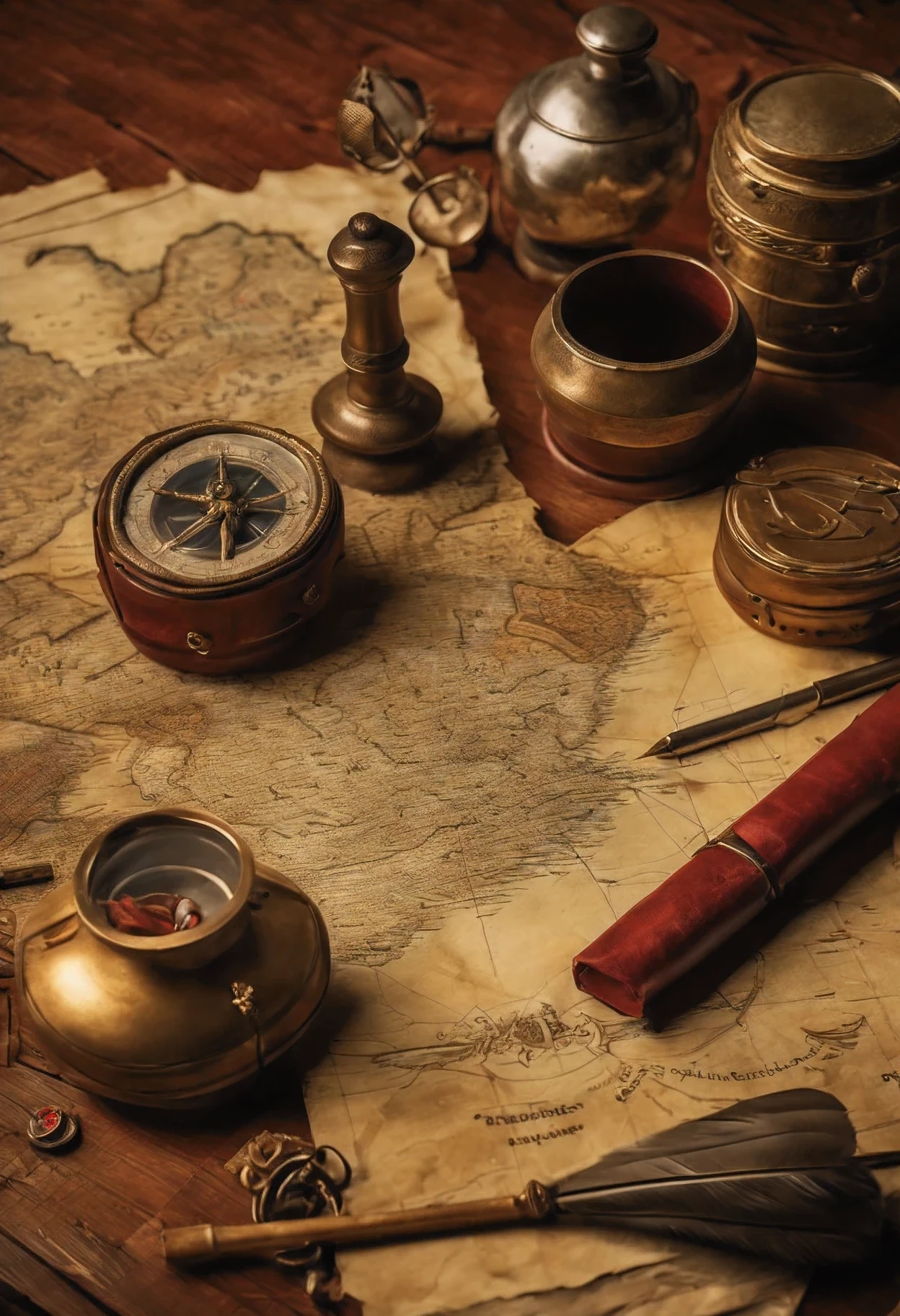 Great quality, Close-up, 17th century ship captain&#39;s table, there is a sextant on the table, in the corner of the table there is a massive silver tarnished inkwell with a white pen(goose feather) for writing,and in the center of the table lies a half-decayed parchment(ancient parchment) with a map of treasure island drawn on it.(on the map of the island there is a red, faded, faded cross mark where to look for treasure), 8K render, High Image Contrast,stylization under the 17th century,