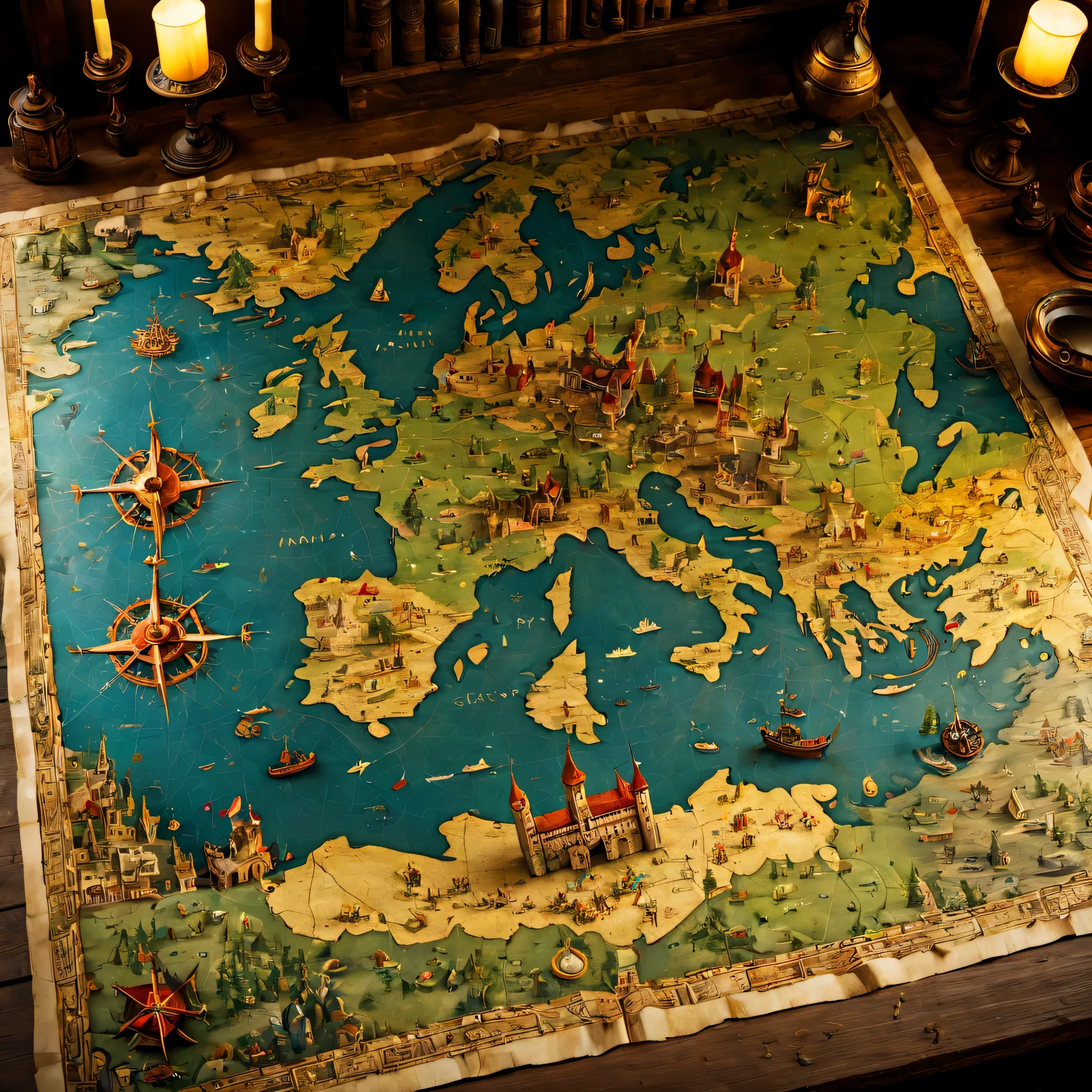 open map on desk,((medieval world map:Old papers:vintage:antique:be familiar with)),map,Buildings and creatures pop out in 3D from a flat map:be familiar with:colorful,fun,lively,masterpiece,reveal the world,Fusion of map and diorama,be familiar with,Be polite,dreams and adventure,fantasy,wonderful,beautiful light and shadow,reality,dim,nice