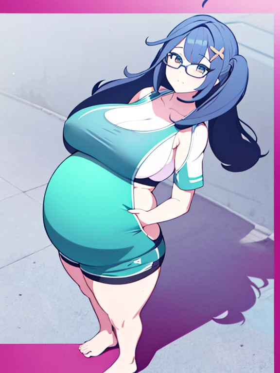 (Very high quality, detailed) A full body image of a pregnant girl wearing a sports bra, very thight shorts and glasses, she's standing barefoot and has very big breasts, long hair and a pretty thick body. She has her hands on her belly and her belly is uncovered