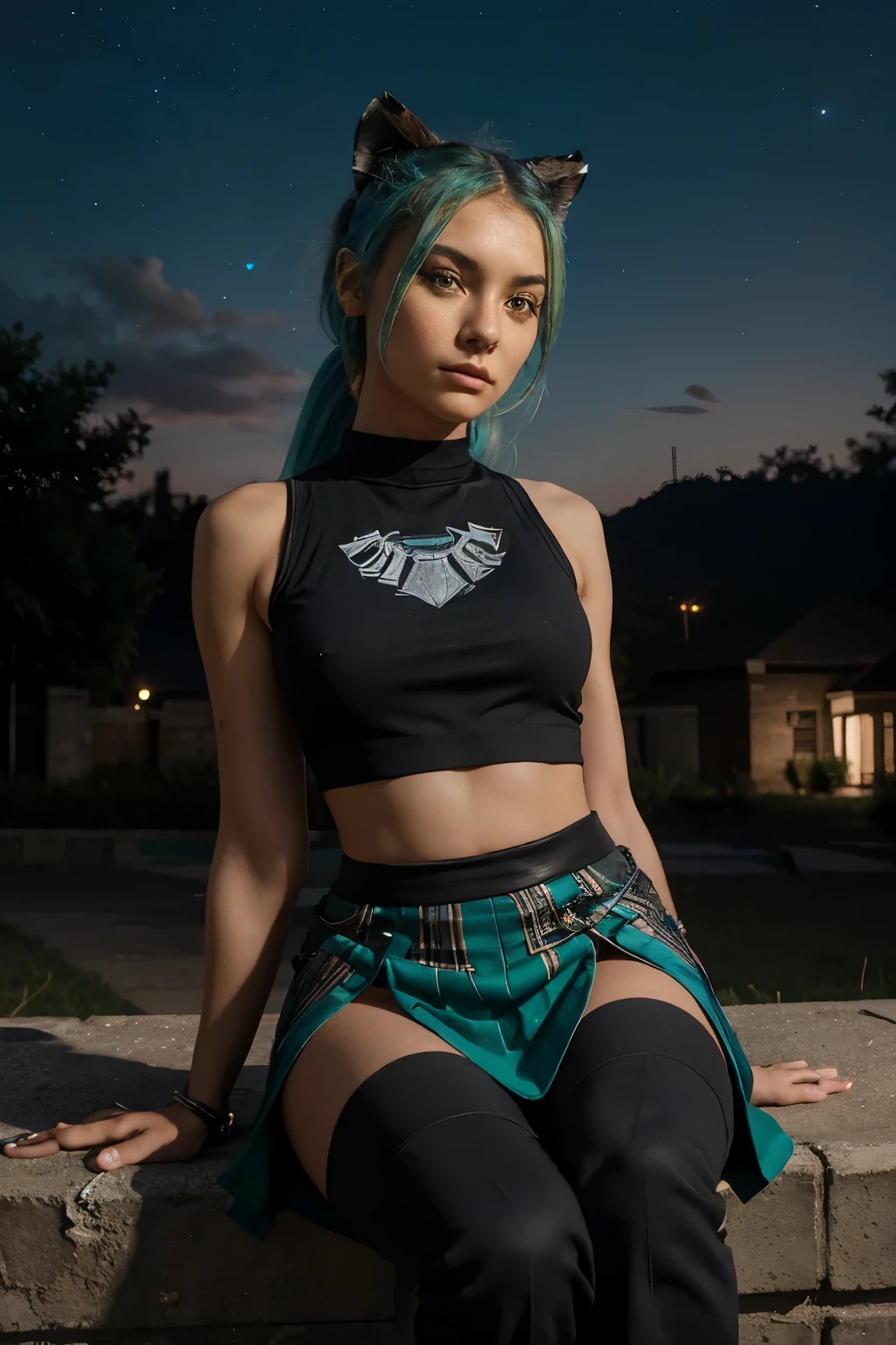 a gorgeous 20-year-old girl, half robot, with a bionic eye, green and blue hair, an athletic body, dressed in a black, short fitted skirt, a white, short tank top and an open red vest, looking at the sky with a look cradled, sitting down with a Bengal tiger standing quietly at her feet, and a black panther crouching next to her, and with the multi-colored starry sky behind