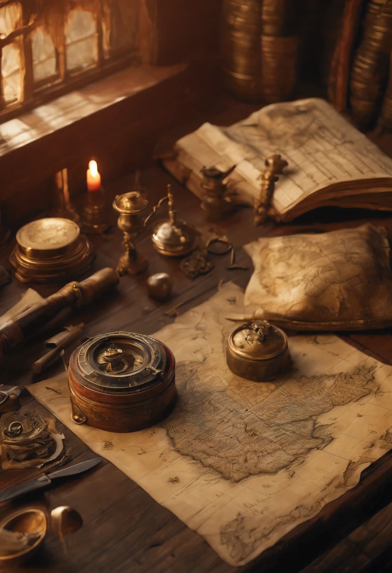 Great quality, Close-up, 17th century ship captain's table, there is a sextant on the table, in the corner of the table there is a massive silver tarnished inkwell with a white pen(goose feather) for writing,and in the center of the table lies a half-decayed parchment(ancient parchment) with a map of treasure island drawn on it.(on the map of the island there is a red, faded, faded cross mark where to look for treasure), 8K render, High Image Contrast,stylization under the 17th century,