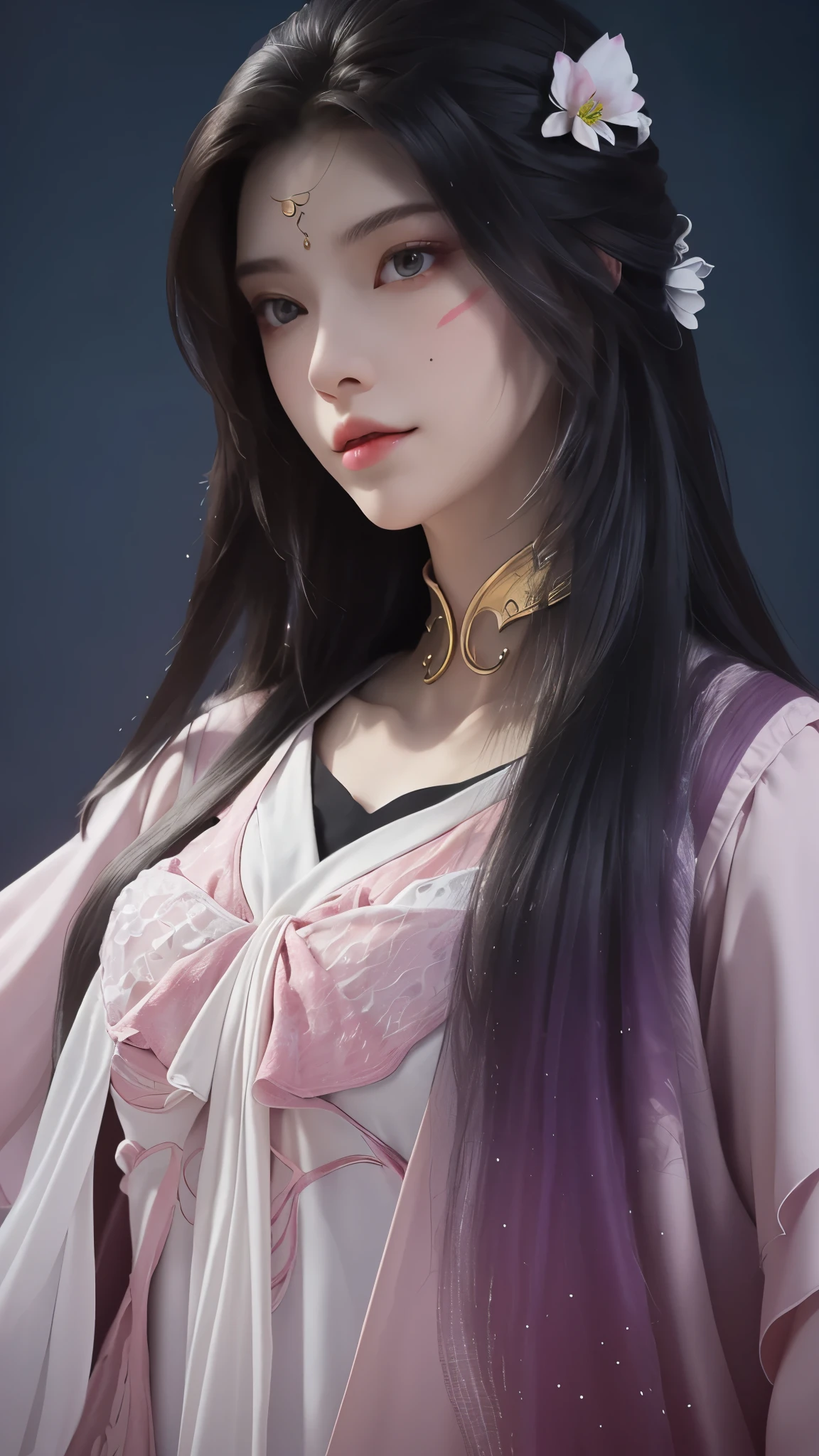 Gentle girl, purple eyes, black hair color, floating hair, delicate and flexible eyes, intricate damask hanfu, gorgeous accessories, wearing pearl earrings, FOV, f/1.8, masterpiece, ancient Chinese architecture, blue sky, flower petals flying, front portrait shot, Chang'e, side light, sunlight shining on people, 8K --auto