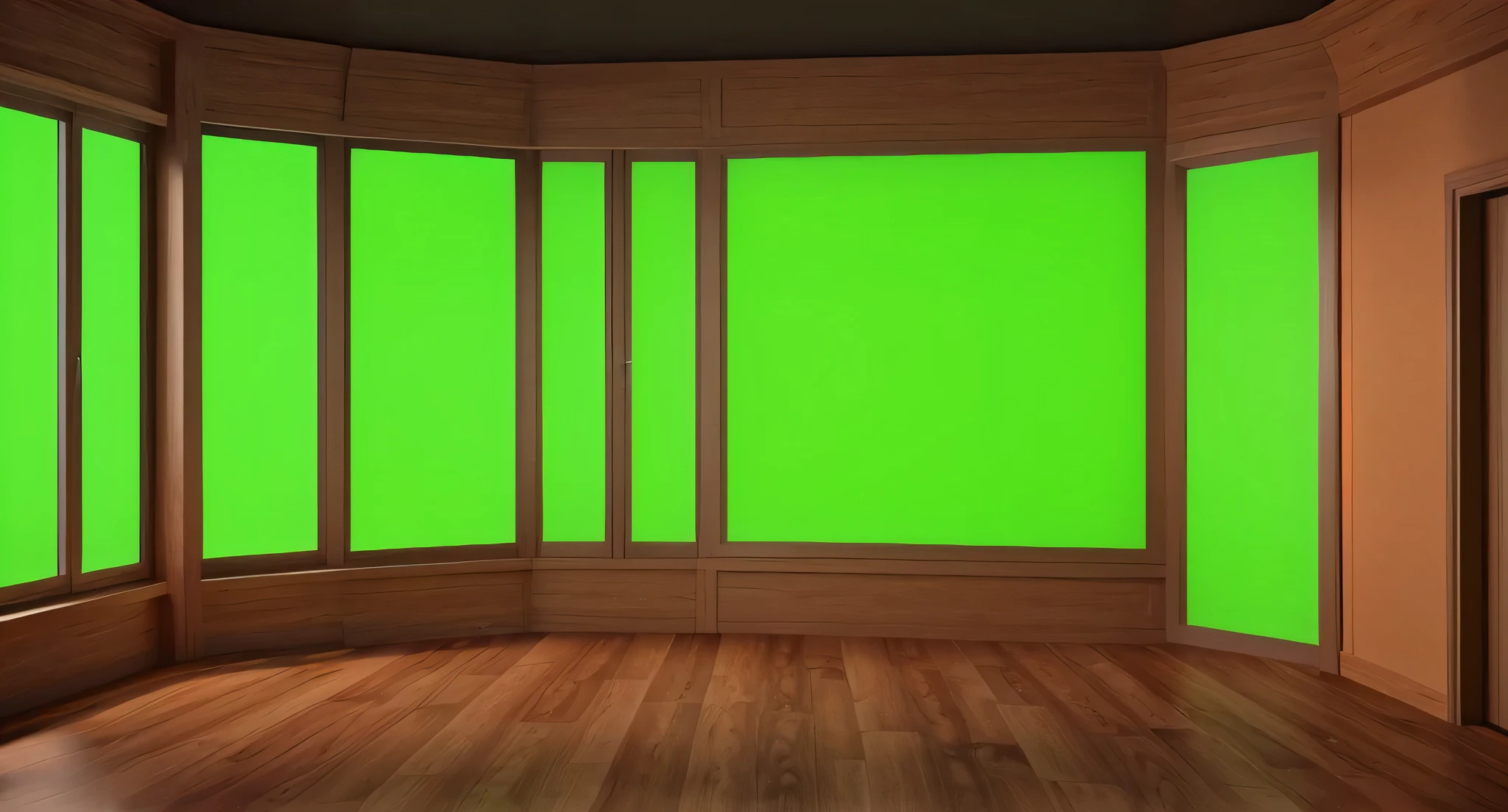 a dimly lit room with a green screen in the corner, green screen background, green screen, large green glass windows, set photo, virtual set, background(solid), many large green windows, green ambient light, chroma green background, background in a cinematic, plain studio background, studio background, rendered in rtx, sickly green colors
