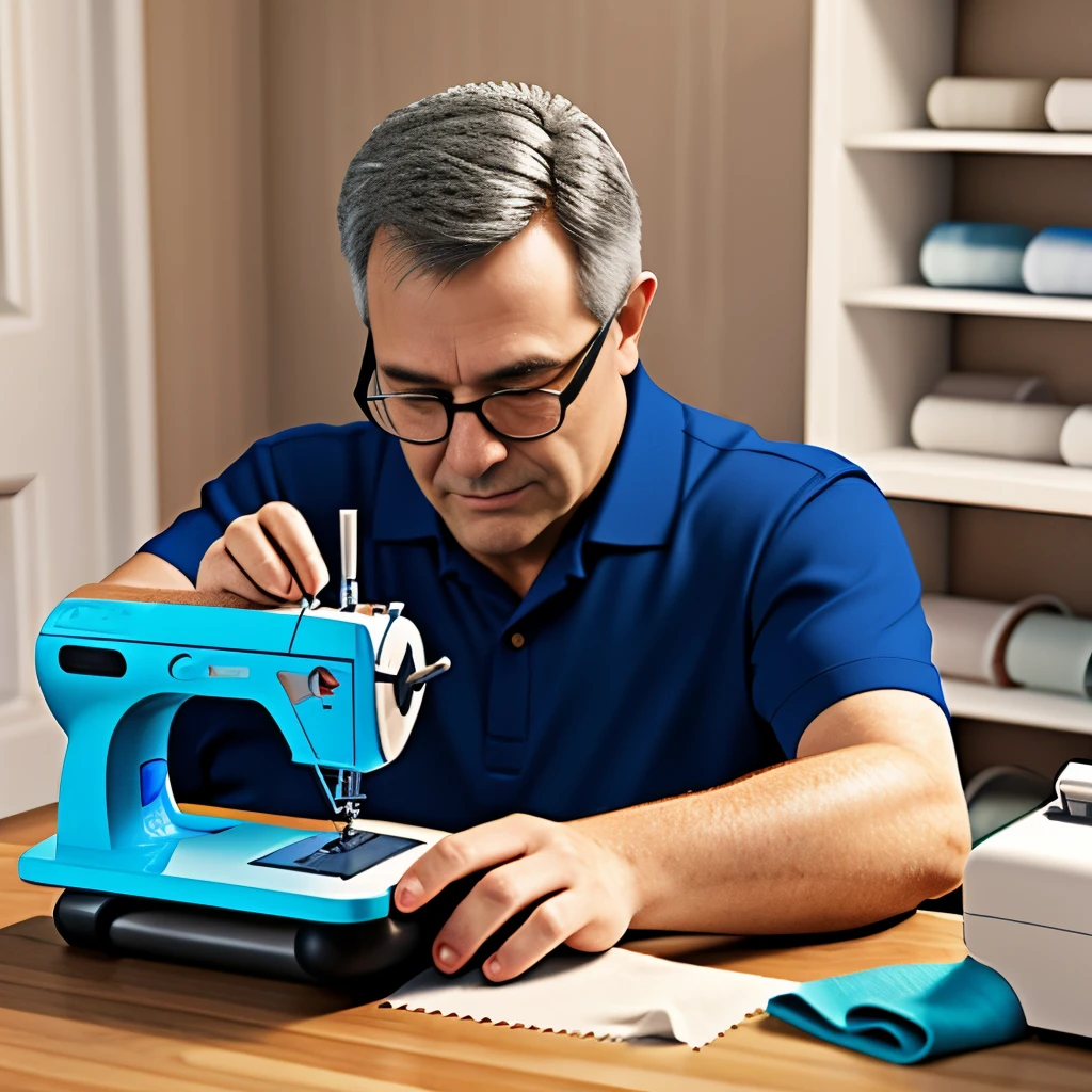 A middle-aged man sewing next to a sewing machine,3D style