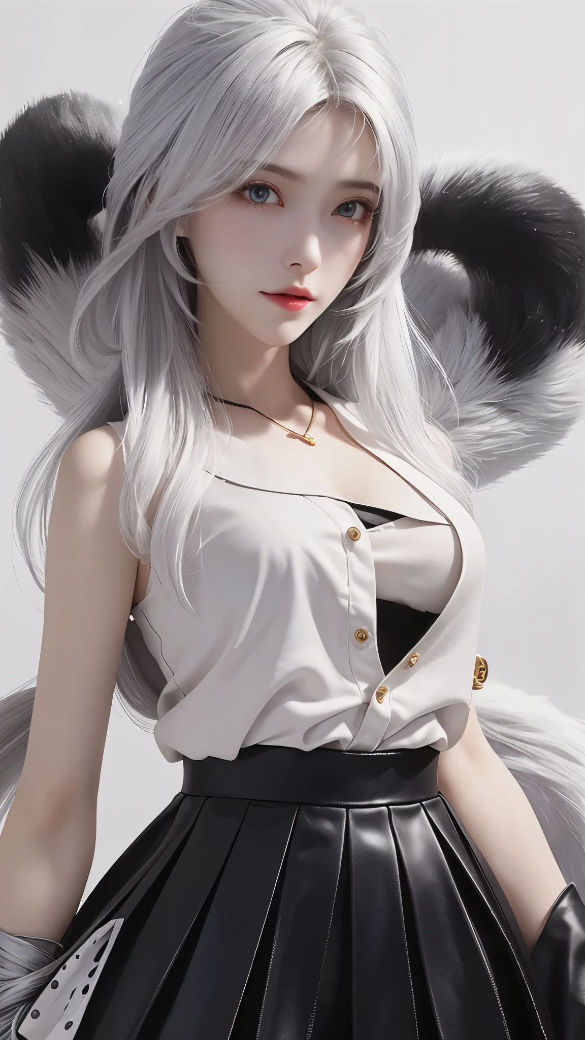(masterpiece, best quality, ultra detailed, absurdres:1.5), 1girl, (sexy, beautiful woman, perfect face, perfect eyes, perfect female body, medium breasts:1.5), (white shirt, long hair, gray hair, cat ears, necklace, yellow waist cape, detached sleeves, black miniskirt, (white thighhighs:1.3), cat tail, black gloves, ), (standing, outdoors, forest), perfect lighting, smooth, hdr