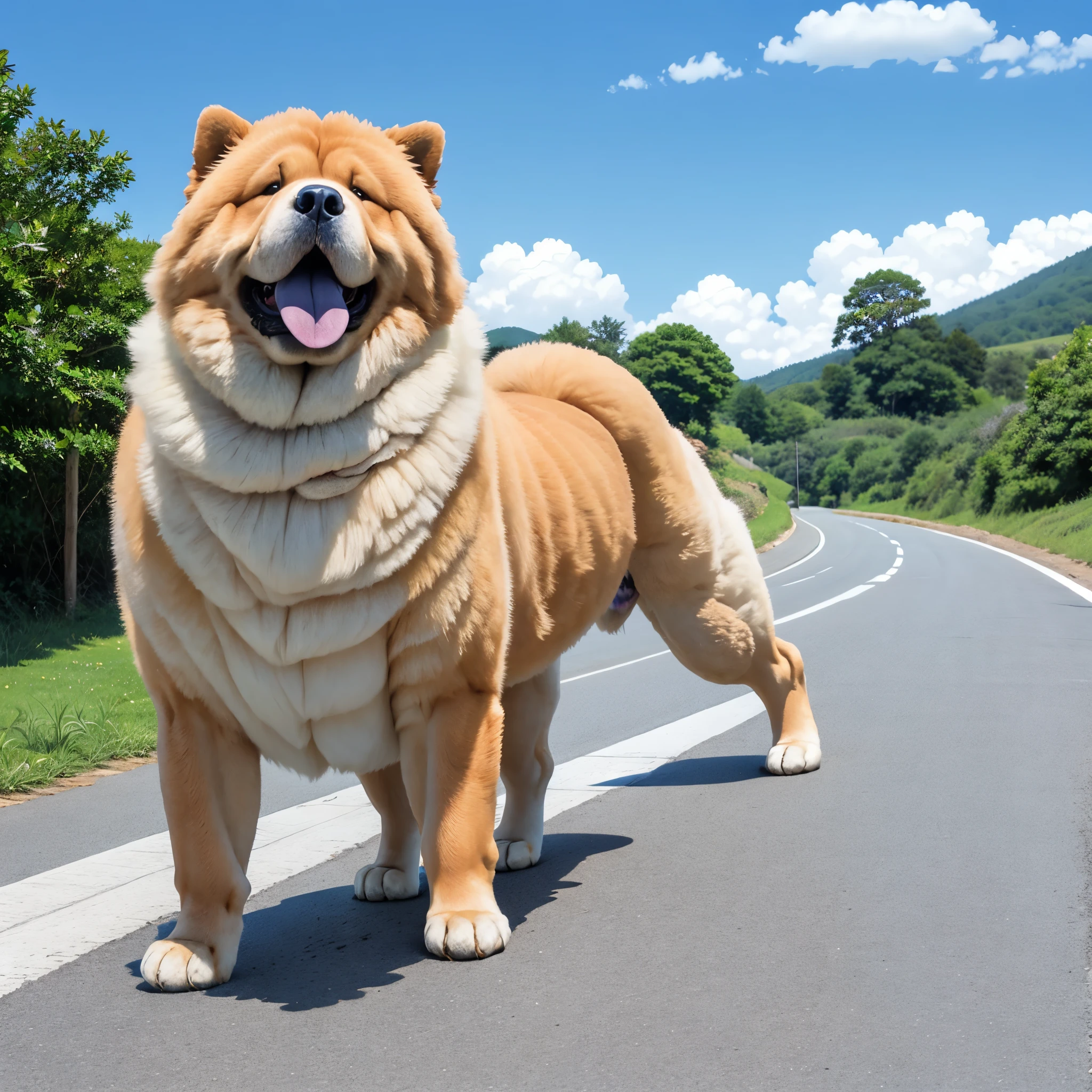 dog, chowchow, blue tongue, full body, blue sky, road