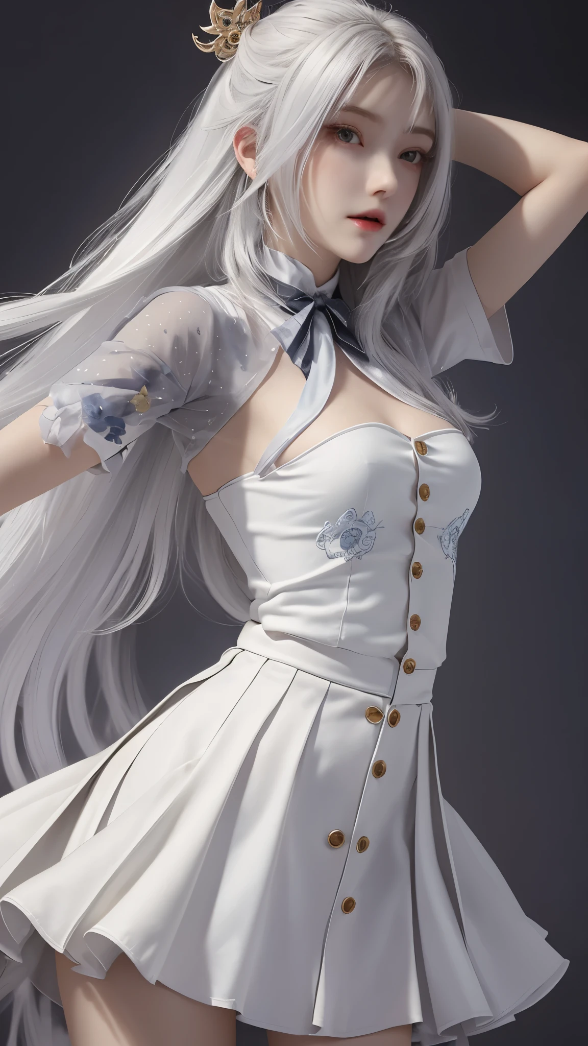 ((masterpiece, best quality)), (1 girl), (alone), (female focus), (ahog, white hair, very long hair), golden eyes, clear smile, open mouth, ((White shirt), (button shirt), (Clearance button)), ((black skirt), (short skirt)), permanent, White background, Put your arms behind your back, dynamic angle