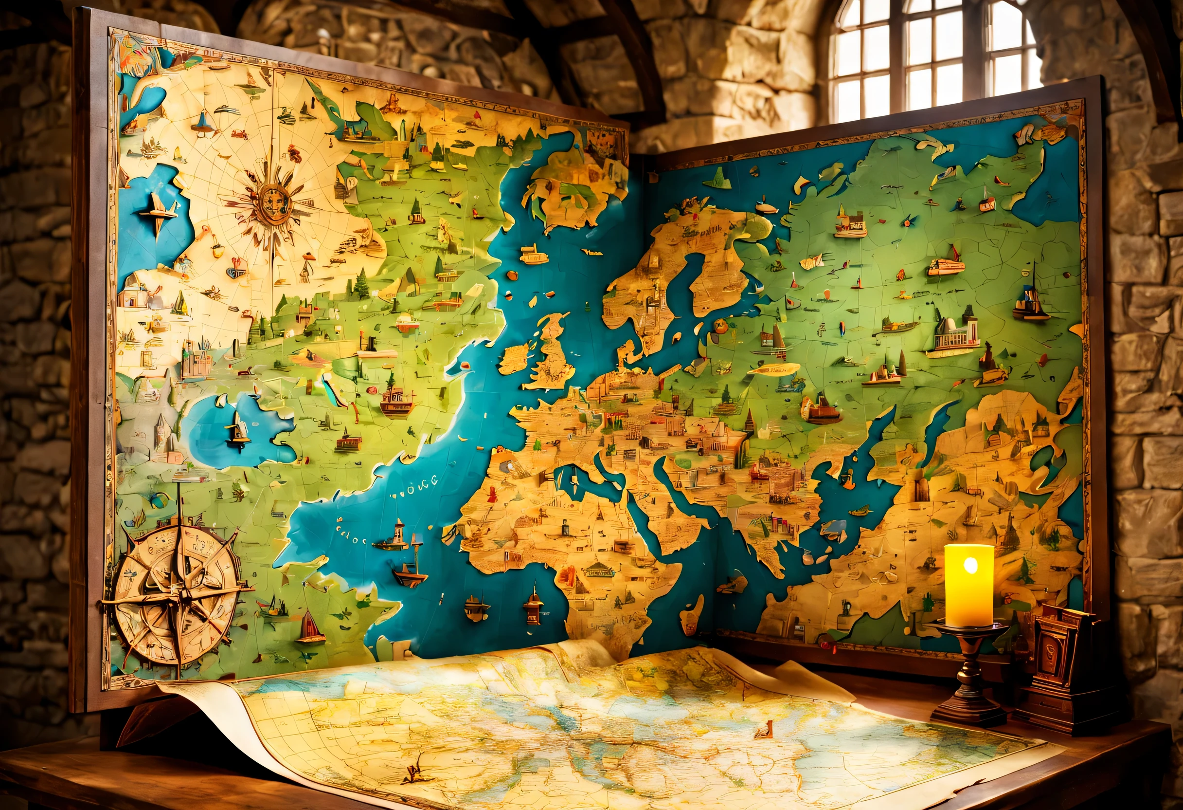 open map on desk,((medieval world map:old paper:vintage:antique:detailed)),map,Buildings and creatures pop out in 3D from a flat map:Detailed:colorful,fun,lively,masterpiece,reveal the world,Fusion of map and diorama,detailed,Be polite,dreams and adventure,fantasy,Fantastic,beautiful light and shadow,reality,dim,cool