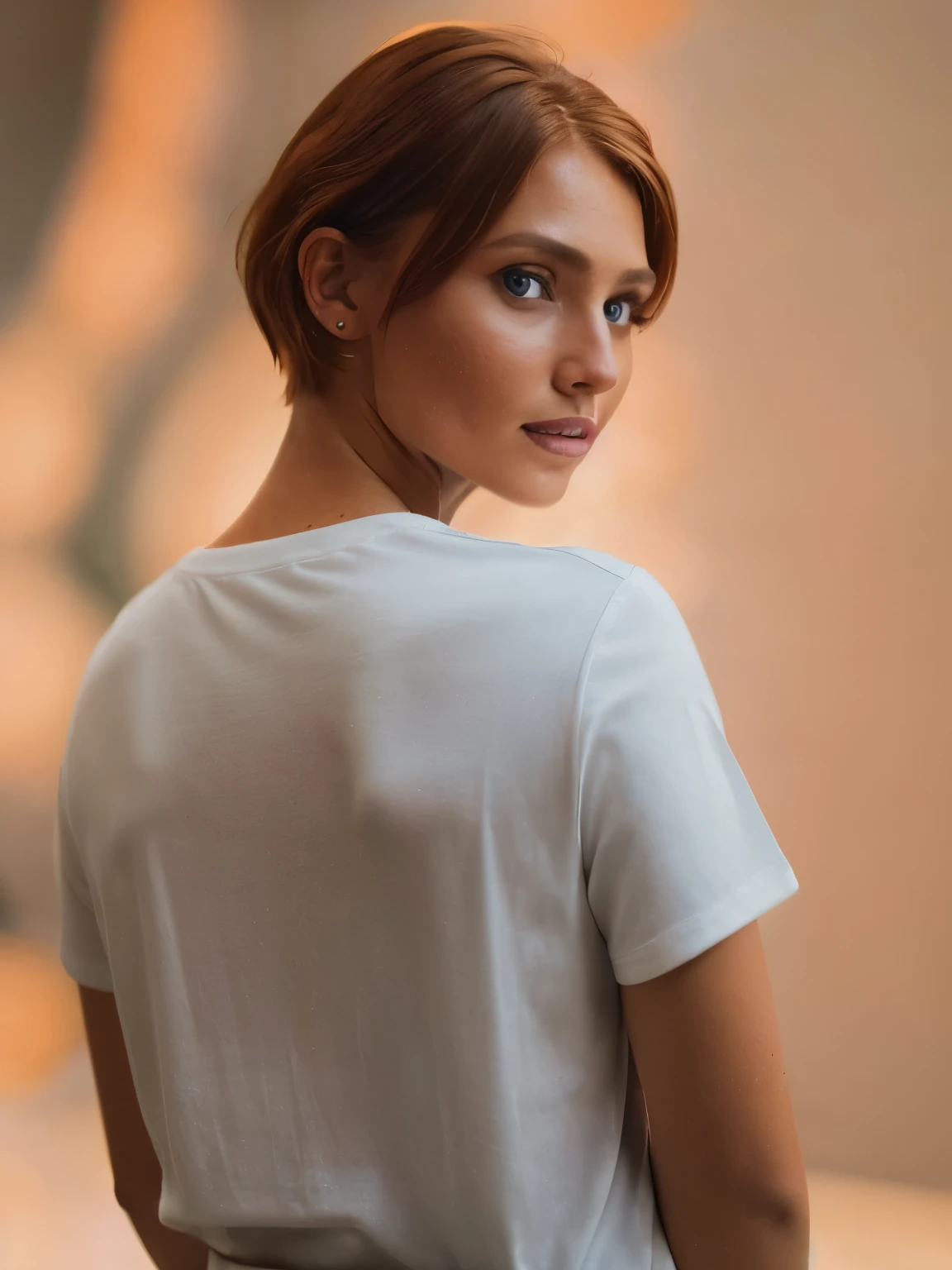 Renata, orange short hair, (clothes presenter, best quality, RAW photo, subject, 8k uhd, dslr, soft lighting, film grain, Fujifilm XT3), (Beautiful), looking at viewer, (photos from behind, back shots), blue eyes, oversize white t- shirt, winter background, professional photo session model, (depth of field, Bokeh),