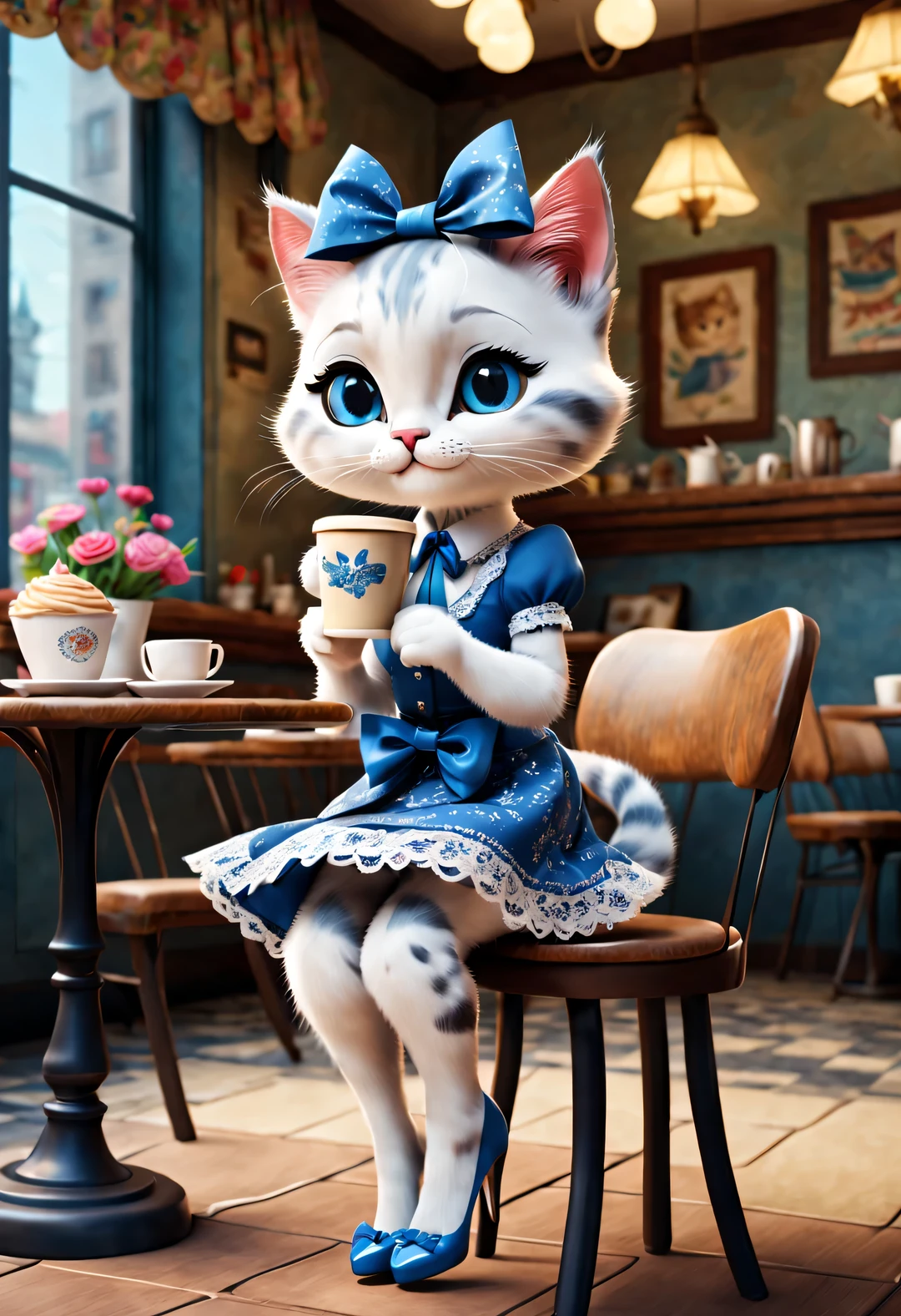 With folk art style,
(A cute skinny kitten sitting in a cafe drinking coffee),,cat crossing legs,smile happily,Kitten wearing a big bow,Wearing a blue lace skirt and high heels,detailed details,beautiful details,urban cafe,flowers,Magazine,
,
3d rendering, cartoon,illustration,Pixar,cartoon,ultra high definition, high quality,32k,