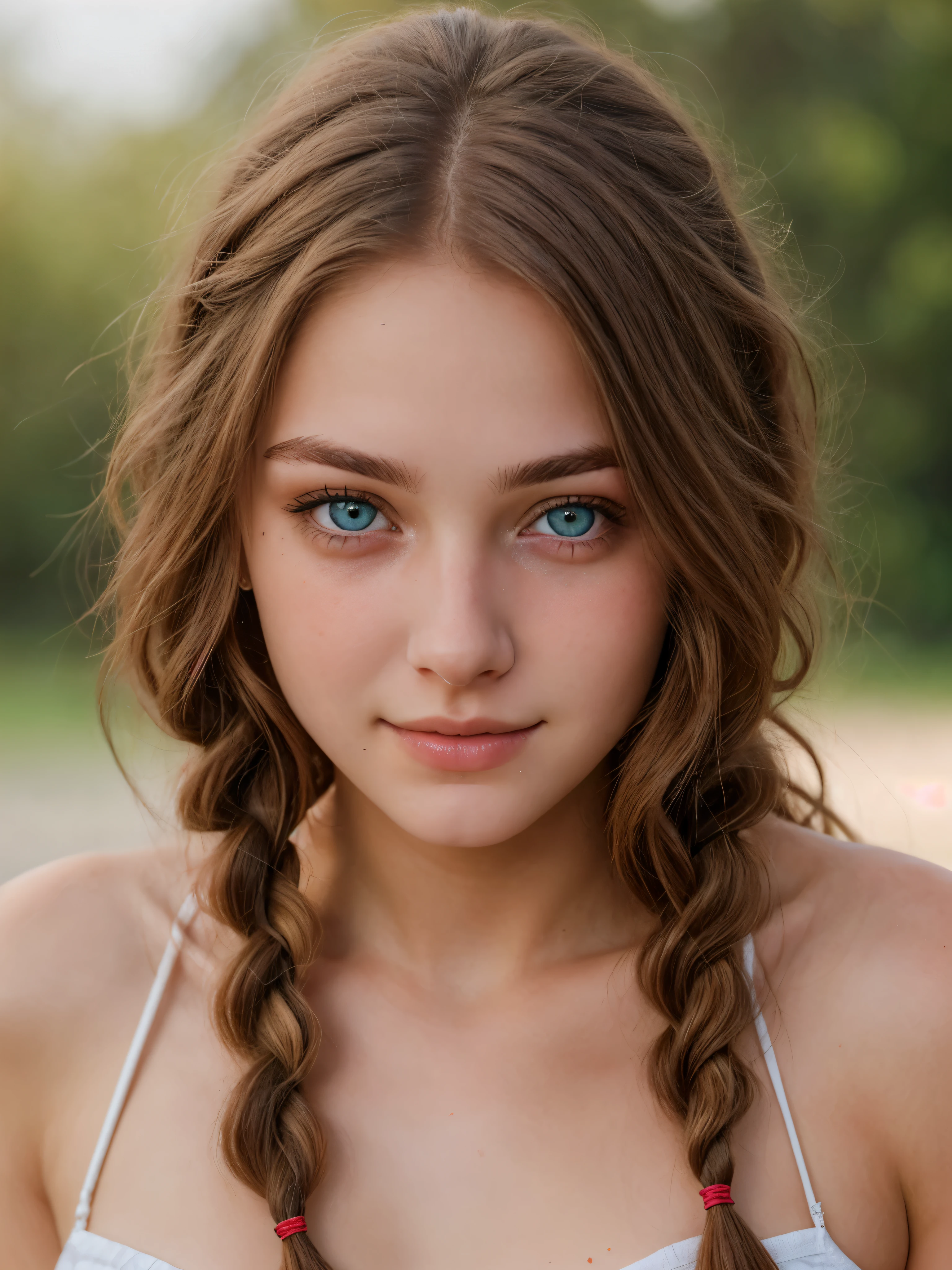 Ultra-real photo of an 18-year-old woman, joy of the eyes. long red tousled and braided hair, sexual, Sloppy look, bright colors, Intricate details of her beautiful eyes and perfect face.