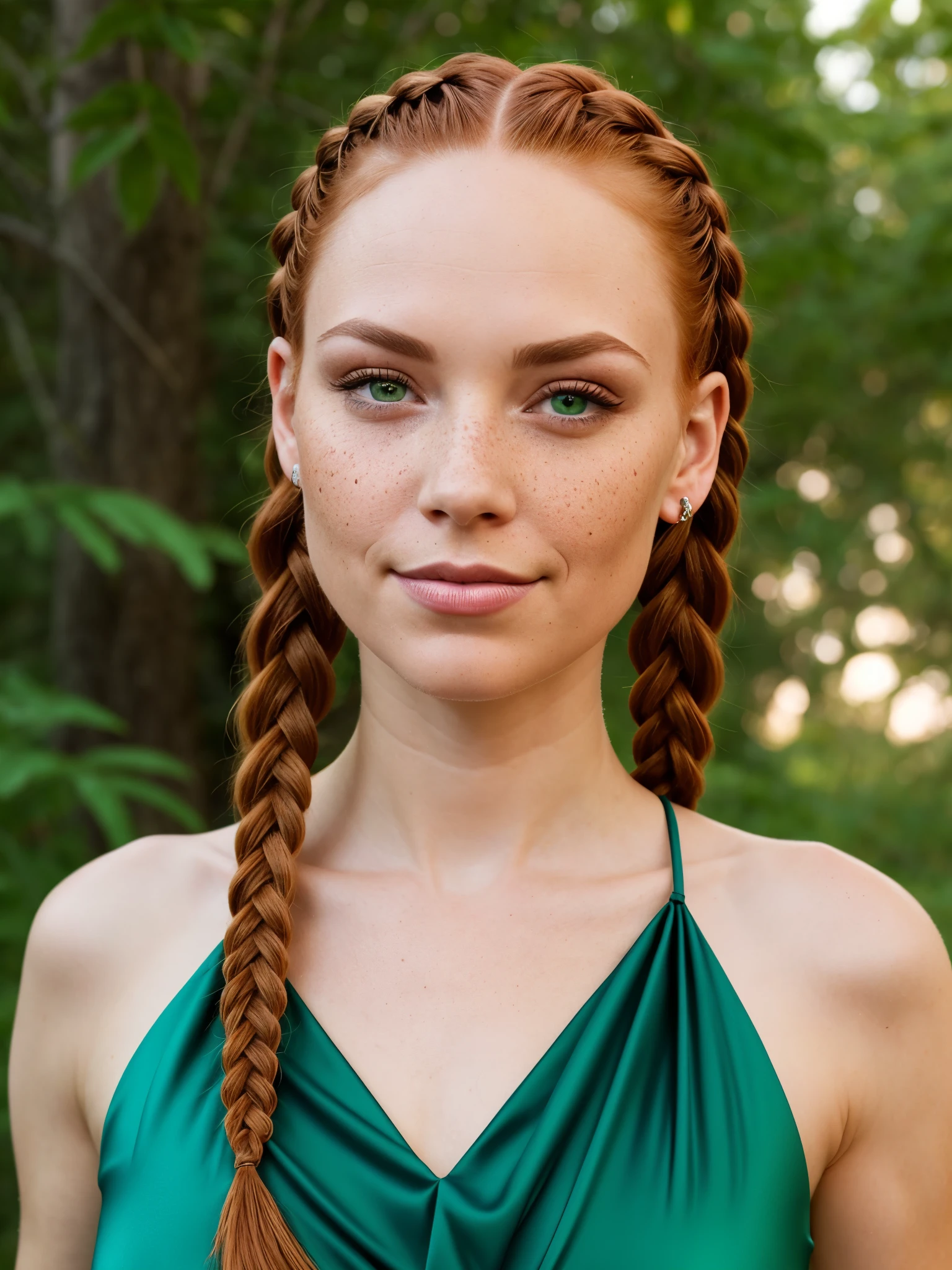 Create a digital portrait of a young woman with striking red hair and piercing green eyes. Her hair should be braided in 2 braids, falling effortlessly down her back. She should have a small, delicate nose and full lips that curve upwards in a warm smile. Her skin should have a healthy, rosy glow, with a smattering of freckles across her cheeks and nose. Her eyes should be a deep, sparkling green, with long lashes that add to their allure. She should be dressed in a simple yet elegant peach color blouse, with a high neckline that accentuates her slender neck. The background should be a soft, muted color, allowing the subject to take center stage. The overall mood of the piece should be one of understated elegance and quiet confidence