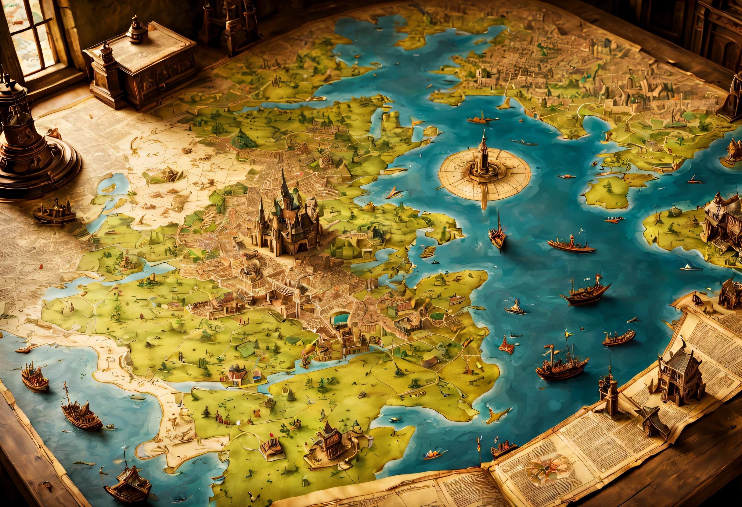 open map on desk,((medieval world map:old paper:vintage:antique:detailed)),map,Buildings and creatures pop out in 3D from a flat map:Detailed:colorful,fun,lively,masterpiece,reveal the world,Fusion of map and diorama,detailed,Be polite,dreams and adventure,fantasy,Fantastic,beautiful light and shadow,reality,dim,cool