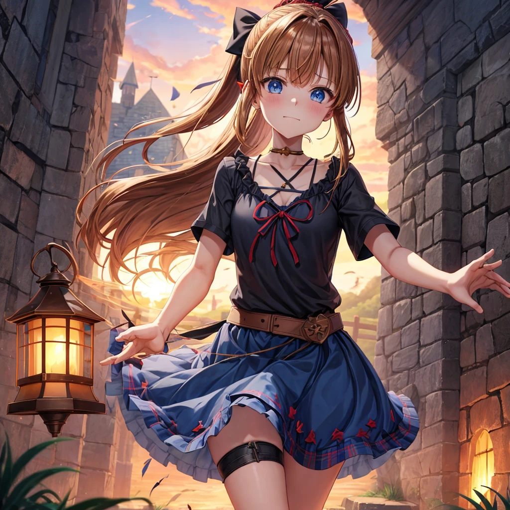reddish-brown blonde、blue hair、blue eyes、ponytail、one good looking girl、solo、anime、Plaid miniskirt、camisole、black t-shirt、Tilting your face、Doing the ribbon、Ribbon at waist、sunset sky、broken stone steps、Remains、tunnel、Fallen leaves、Light and shadow、monster castle、corridor、One leg is raised、pinwheel、castle floating in the air、column、Jewelry box、flag、sparks fall、forest、Hand mirror、、tall grass grows、cloak、devil stone statue