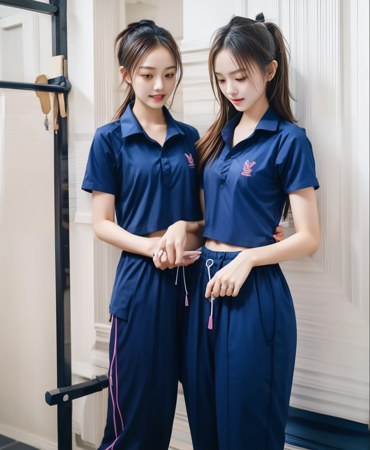 Two girls playing badminton in the gym, Navy blue short-sleeved shirt,Navy Long Trackpant,Sweatpants, Sweatpantsขายาว,25 year old girl, lesbian, sexy, exercise clothes, wet body, exercise clothes