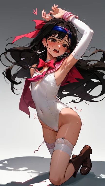 {{amazing quality, great quality, high quality, very aesthetic, aesthetic, best quality}}}}, 
realistic, photo, shadow, Three-dimensional, absurdres, Digital art, 
{{{{Magical girl}}}}, beautiful girl, one girl, 
black hair, long straight hair, hair, trimmed hair, shiny hair, blunt bangs, short sideburns, 
brown eyes, tareme, 
{{flat chest}}, {{small breasts}}, {{detailed body}}, slim thighs, thin thighs, {{white leotard}, {leotard peek}}, {{pink sailor collar}}, {{pink elbow_gloves}}, {{red boots}}, ribbon trim, red bow tie, heart brooch, thigh strap, 
both shoulders expose, covered navel, white headband, white circlet, distress, resistance, defeat, inferiority, sexual pleasure, troubled face, shy, orgasm, trembling, disheveled hair, groin, vagina, Intercrural legs, bind, restrain the arms, restraining legs, handcuffs, fetters, shaved pussy, Hundred perverts hands, {{{{{{Magic hand}}}}}}, }}}}}tickle with magic hand}}}}}, {{{{{tickle}}}}}, {{{tickle the armpits}}}, {{{tickle the side}}}, {{{made to raise both hands}}}, {{{Laughter}}}, {{I'm tickled and laugh}}, armpit, Sweat, tears, closed eyes, laugh to death, body is sensitive, sensitive body, I feel it too much and scream,  Screaming, torn clothes, wet clothes, melted clothes, damaged clothes, take off one's clothes, transparent clothes, 