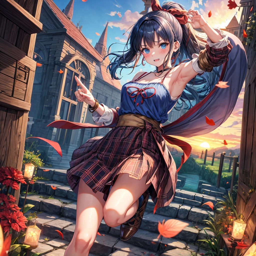 Red Blue Hair、Golden Eyes、Braid、One good looking girl、solo、anime、Checkered mini skirt、Ruffles on the skirt、Red T-shirt、Cape、Gothic、Black knee-high socks、bandana、Wearing a ribbon、Ribbon on waist、Tilting face、Teeth are visible、Sunset sky、Piercing the clouds、Contrail、Cumulonimbus、Pillar of Light、Silver coin necklace、A world of light、Spreading his arms for balance、shine、Tap from above、bell、torii