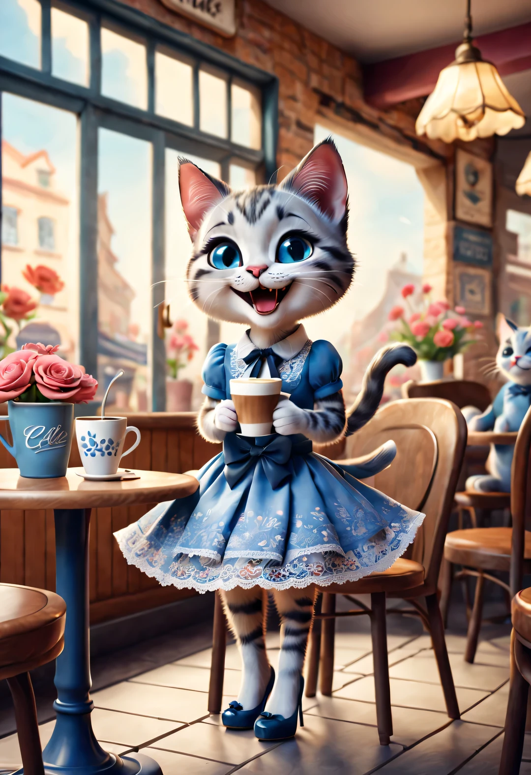 With folk art style,
(A cute skinny kitten sitting in a cafe drinking coffee),(Smiling happily with open mouth),cat crossing legs,kitten wearing bow,Wearing a blue lace skirt and high heels,detailed details,beautiful details,urban cafe,flowers,Magazine,
,
3d rendering, cartoon,illustration,Pixar,cartoon,ultra high definition, high quality,32k,