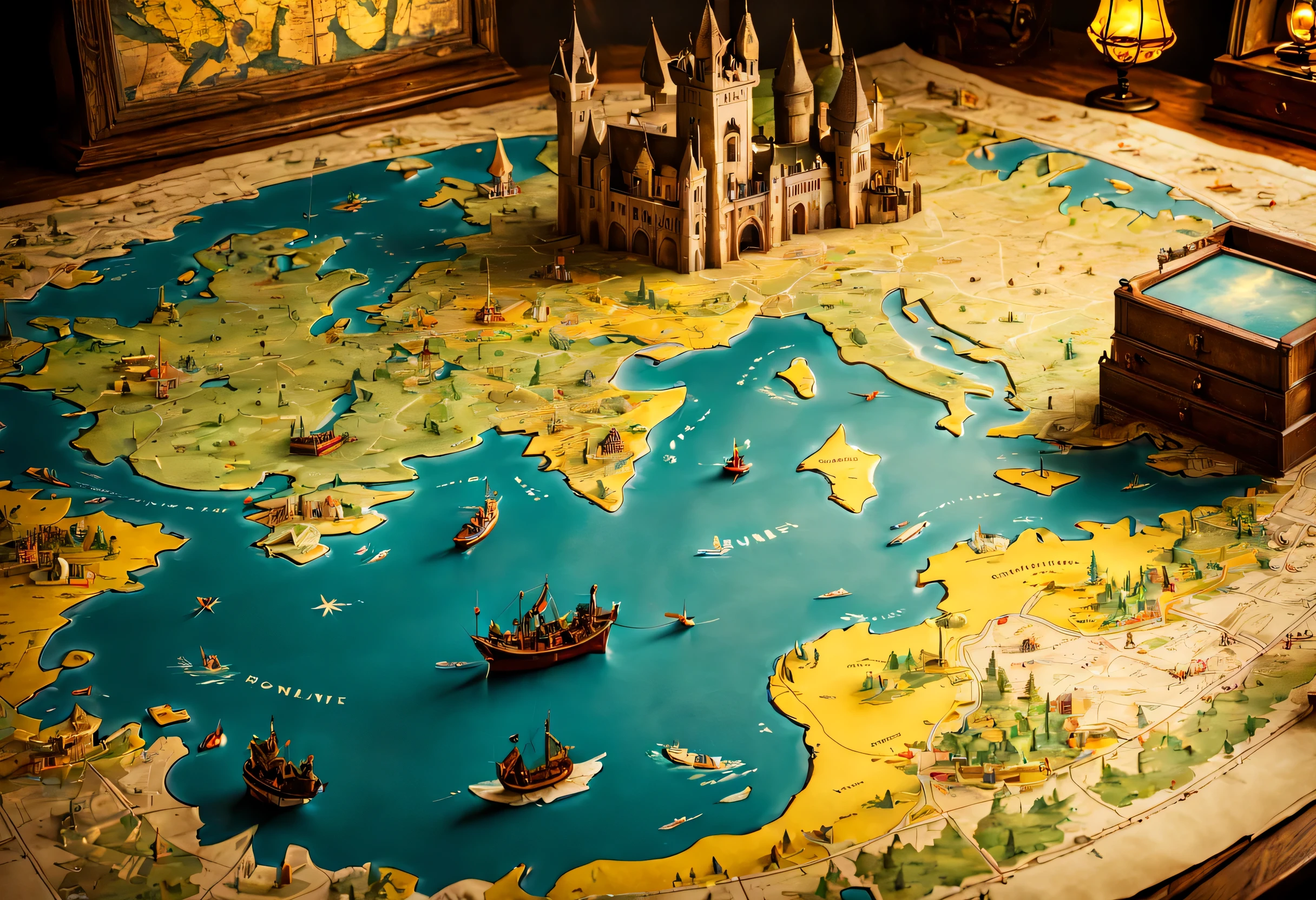 open map on desk,((medieval world map:old paper:vintage:antique:detailed)),map,Buildings and creatures pop out in 3D from a flat map:Detailed:colorful,fun,lively,masterpiece,reveal the world,Fusion of map and diorama,detailed,Be polite,dreams and adventure,fantasy,Fantastic,beautiful light and shadow,reality,dim,cool