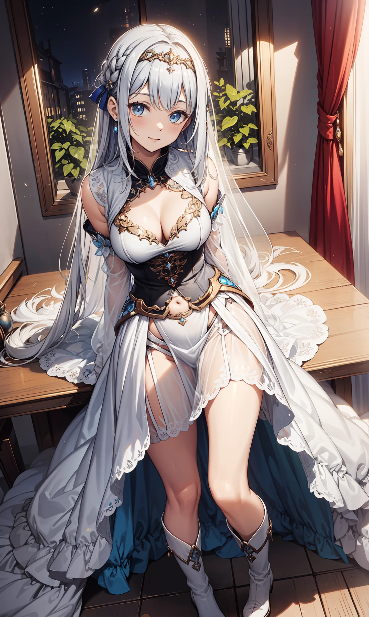 saints，Attractions，having fun，in love，(Western magic white dress)，silver hair，blue eyes，see through transparent clothes，Delicate hair accessories，Transparent lace，Sky blue pattern，night，Beautifully dressed，bedroom，the only person，night，Carved suspender boots