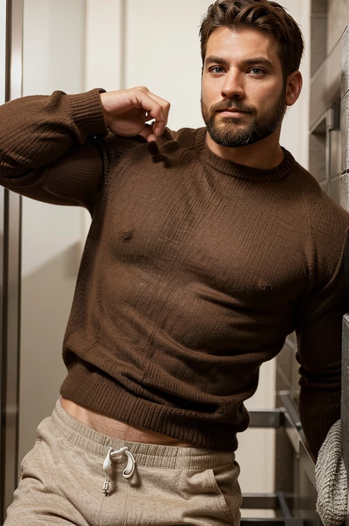Create a muscular man in a sweater with short brown hair and a beard, his build is very robust 