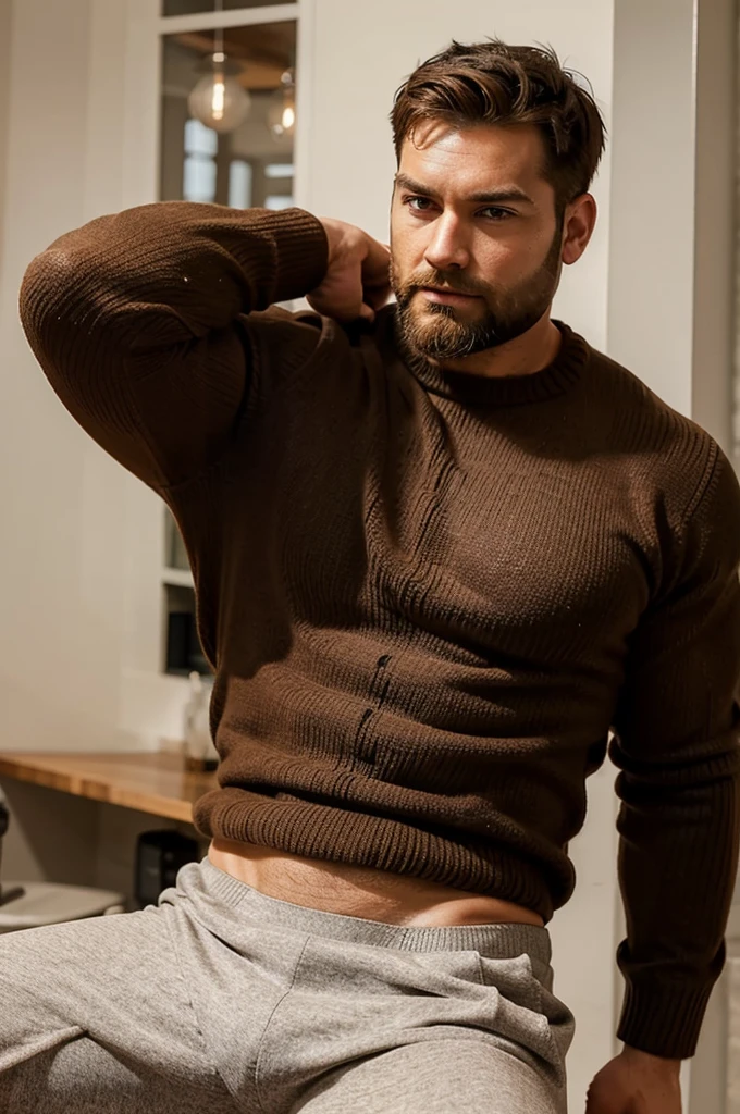 Create a muscular man in a sweater with short brown hair and a beard, his build is very robust 