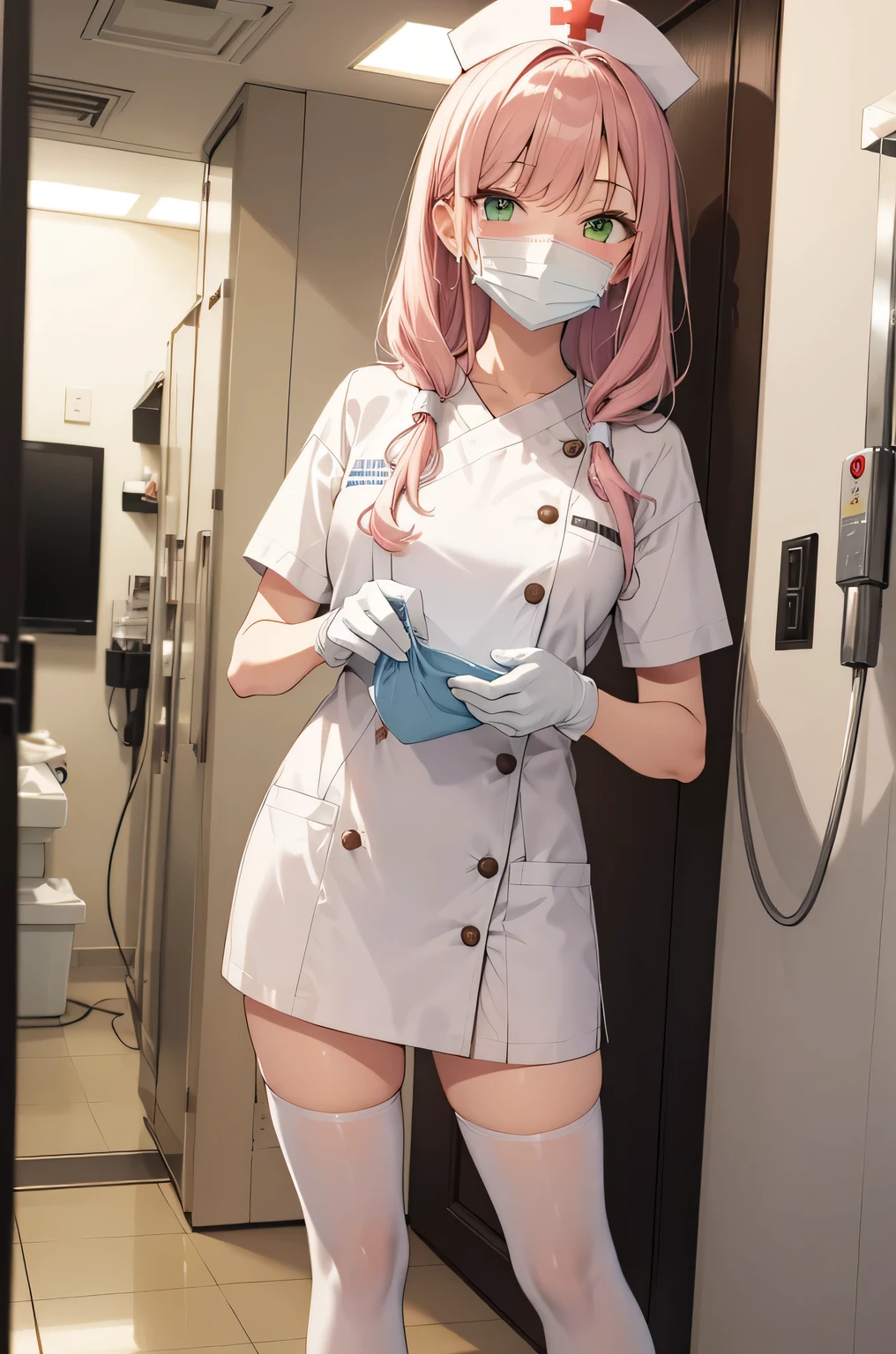 1woman, solo, nurse, white nurse cap, white nurse uniform, ((white legwear, zettai ryouiki)), white gloves, pink hair, green eyes, drooping eyes, ((white surgical mask, covered nose)), standing, ((hospital room)), sharp outline, short sleeves, mature female, 32 years old, best quality, masterpiece