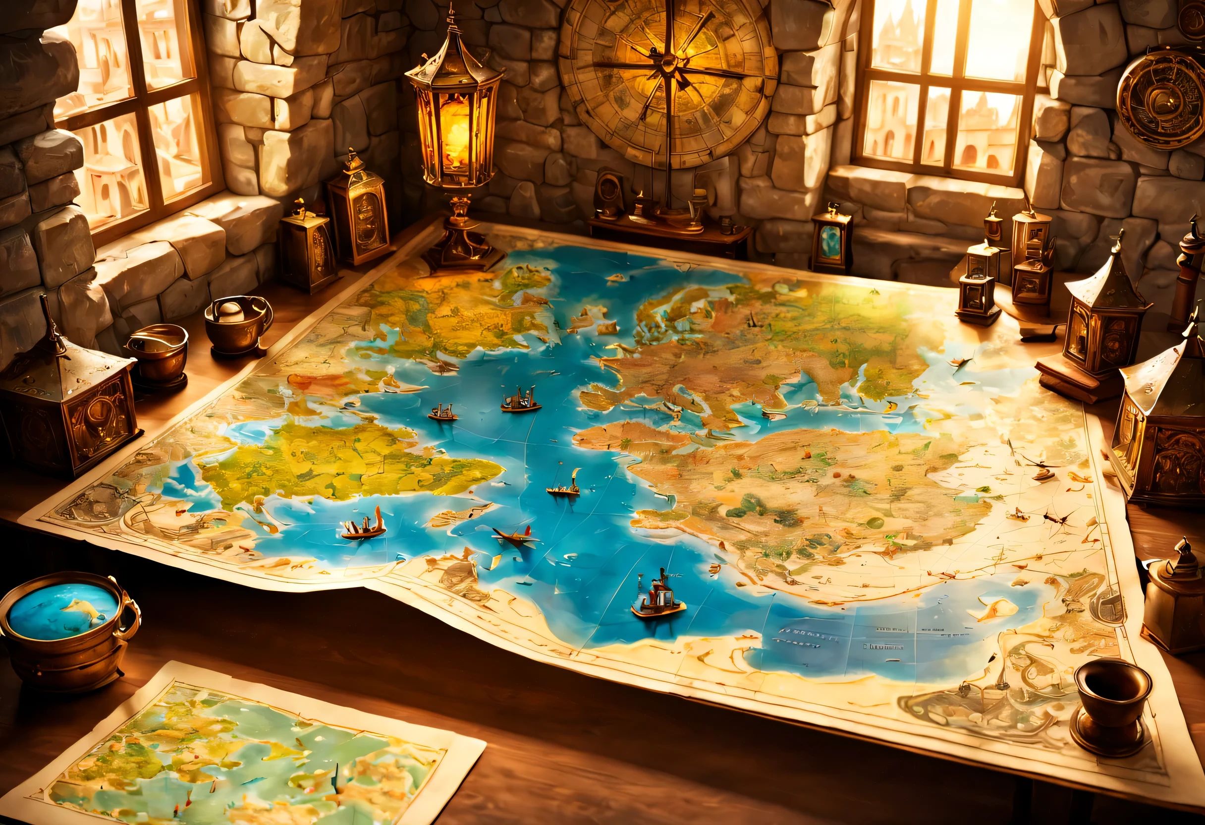 open map on desk,((medieval world map:old paper:vintage:antique:detailed)),map,Buildings and creatures pop out in 3D from a flat map:Detailed:colorful,fun,lively,masterpiece,reveal the world,Fusion of map and diorama,detailed,Be polite,dreams and adventure,fantasy,Fantastic,beautiful light and shadow,reality,dim,cool