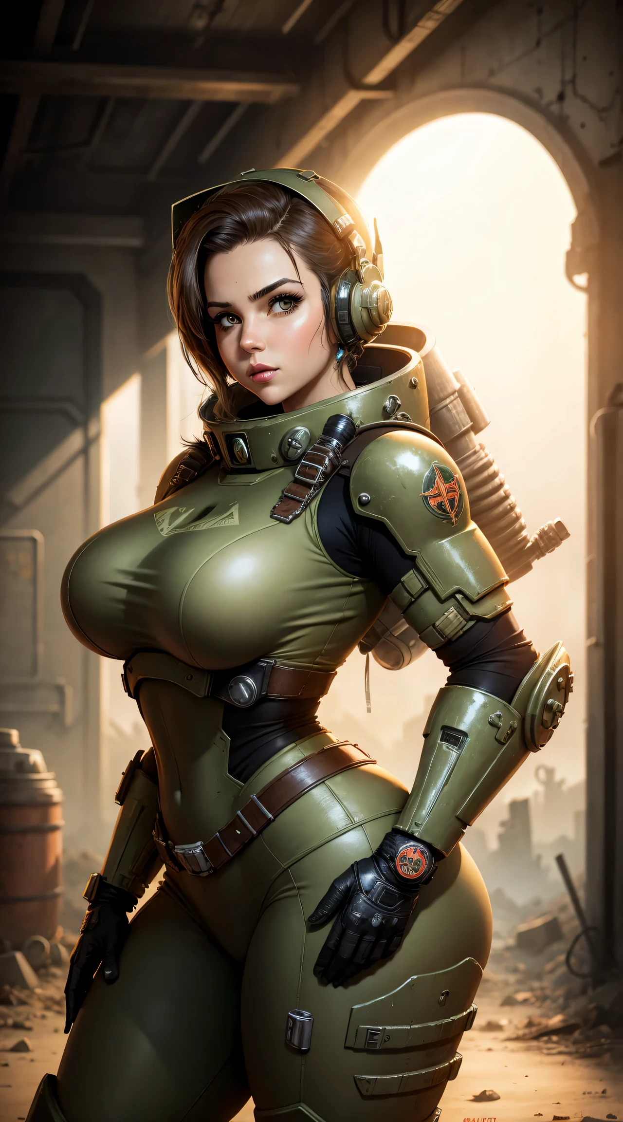 Fallout style, a curvy girl in a power armor, there is a holy halo above her head