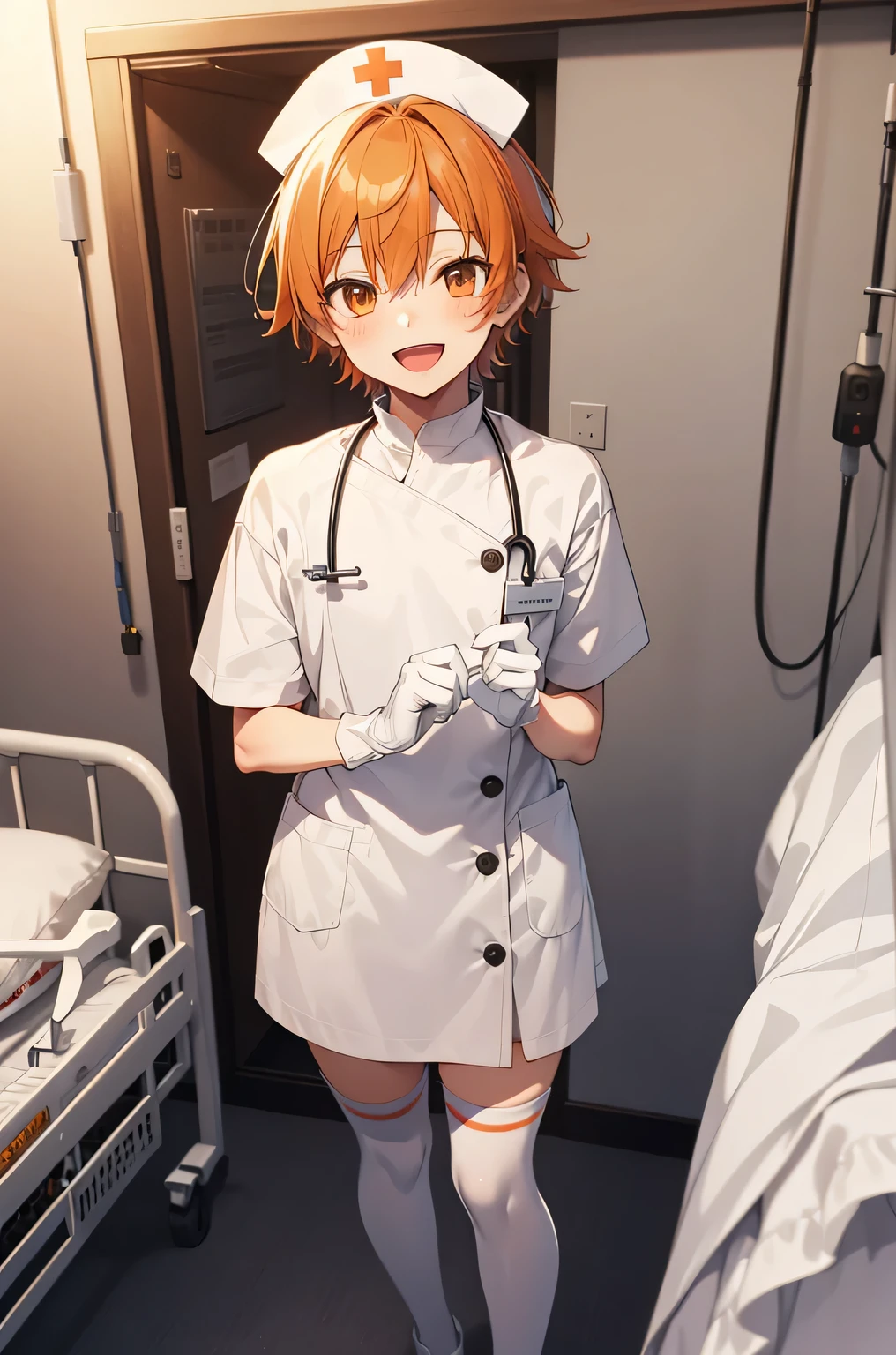 1 boy, alone, male focus, nurse, nurse cap, Whiteware, ((white legwear, zettai ryouiki)), white gloves, short hair, orange hair, smile, open your mouth, Are standing, ((hospital room)), sharp outline, short sleeve, Shota, , highest quality, masterpiece